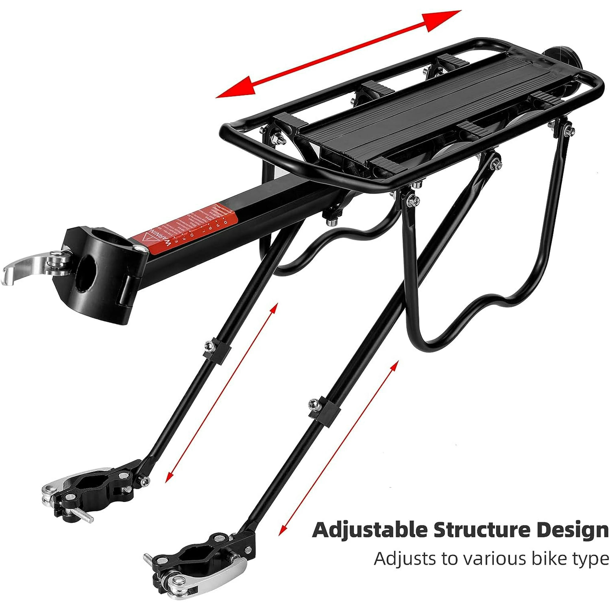 Ein schwarzer Fahrradgepäckträger mit verstellbaren Armen. Rote Pfeile zeigen die Verstellbarkeit an. Text: Einstellbares Strukturdesign.
