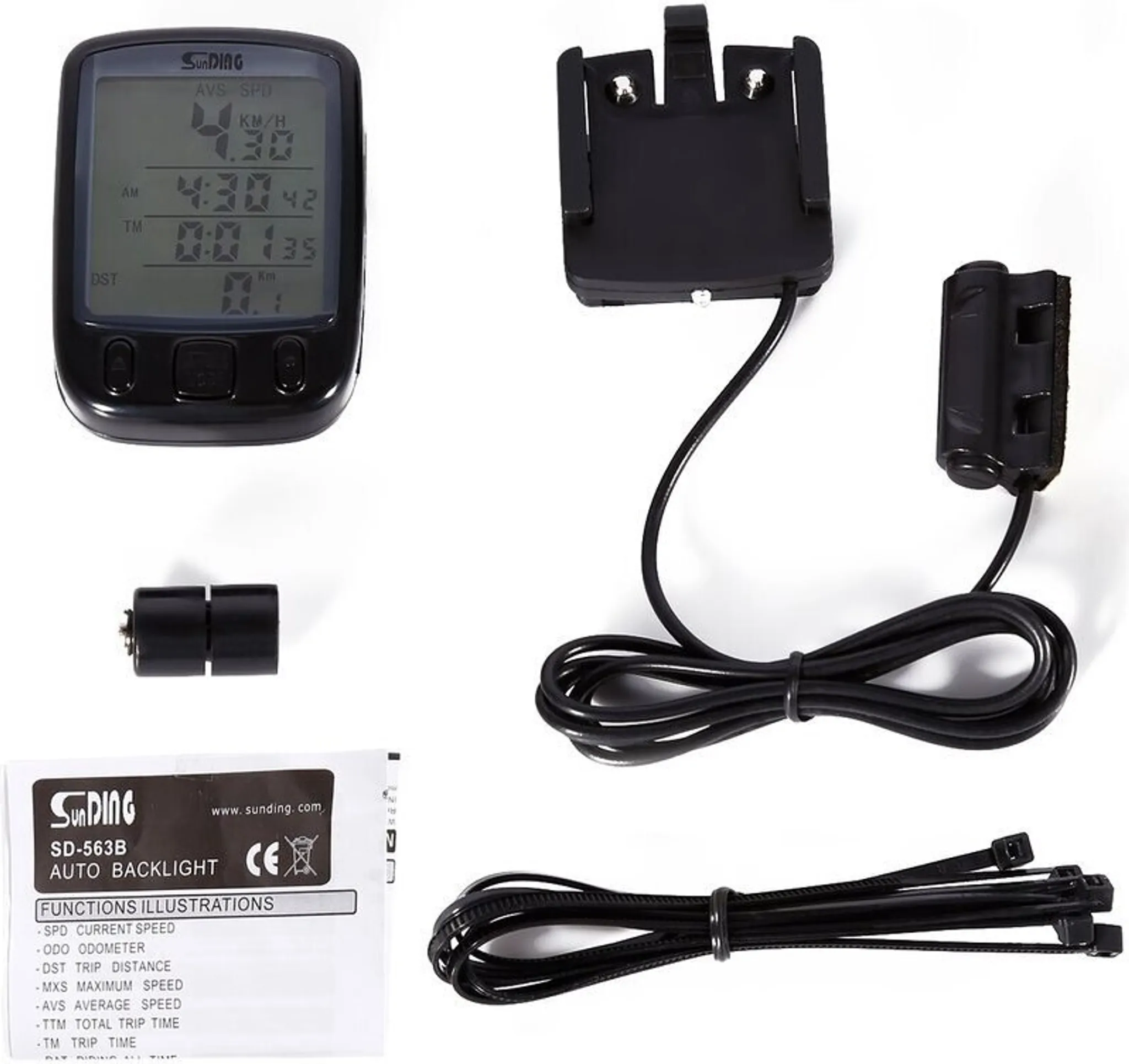 Ein schwarzer Fahrradcomputer, das Display zeigt Geschwindigkeit, Zeit und Entfernung. Enthält Halterung, Sensoren, Batterien, Kabelbinder und Anweisungen.