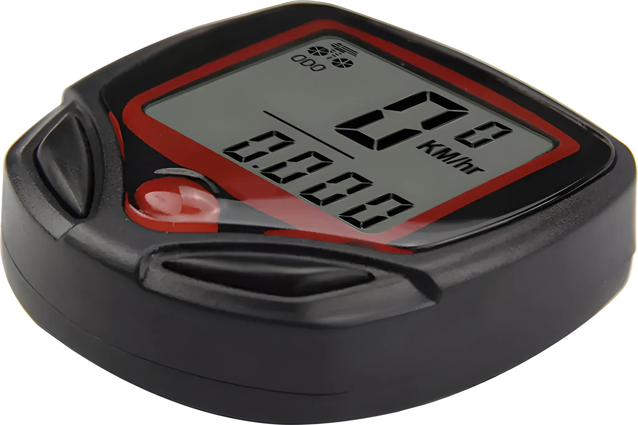 Ein schwarzer und roter Fahrradcomputer zeigt 0,0 km/h und 0,000 an. Das Display hat ODO- und Fahrradsymbole.