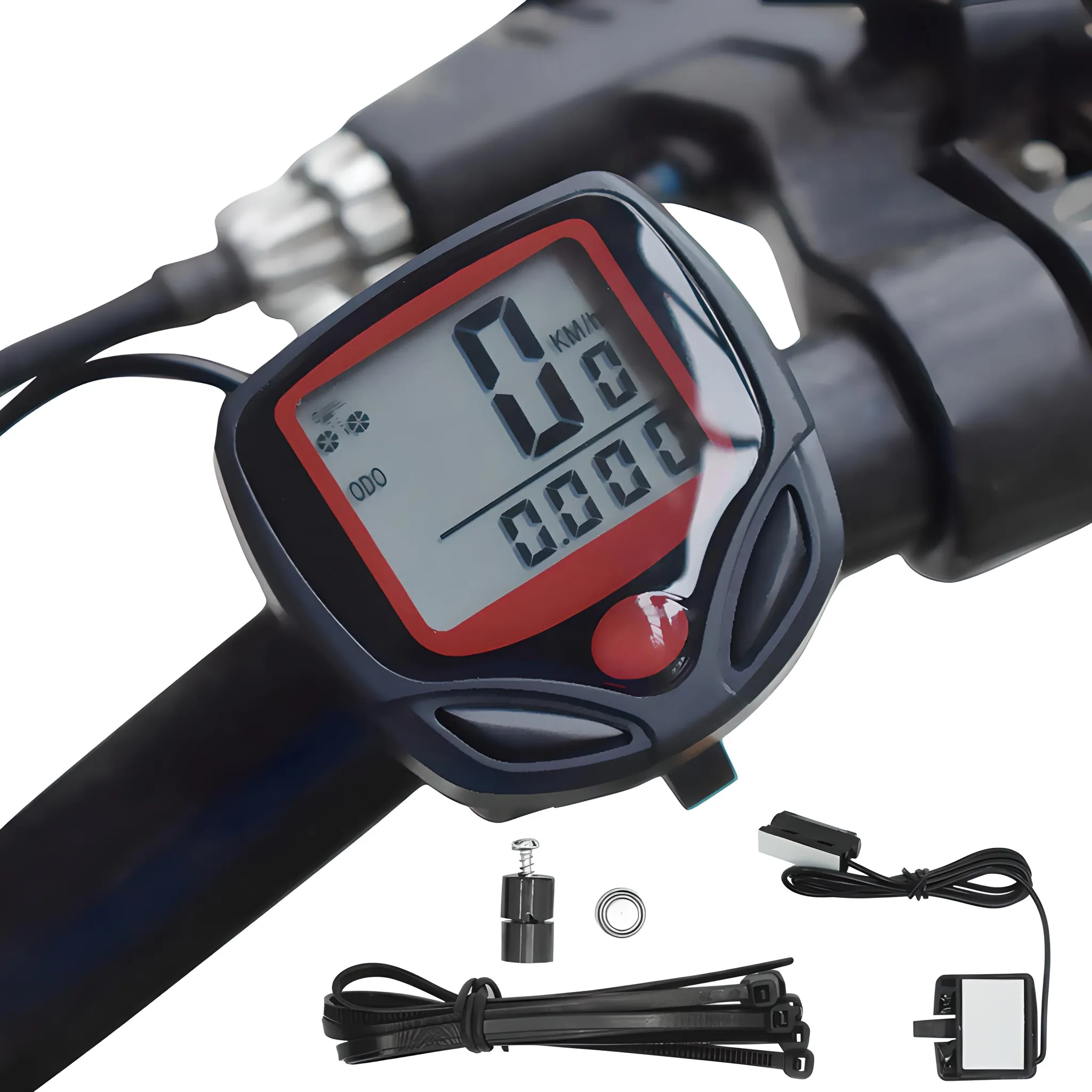 Fahrradtacho mit 0 km/h. Inklusive Montageteilen und Kabelbindern. Das Display hat einen roten Rahmen.
