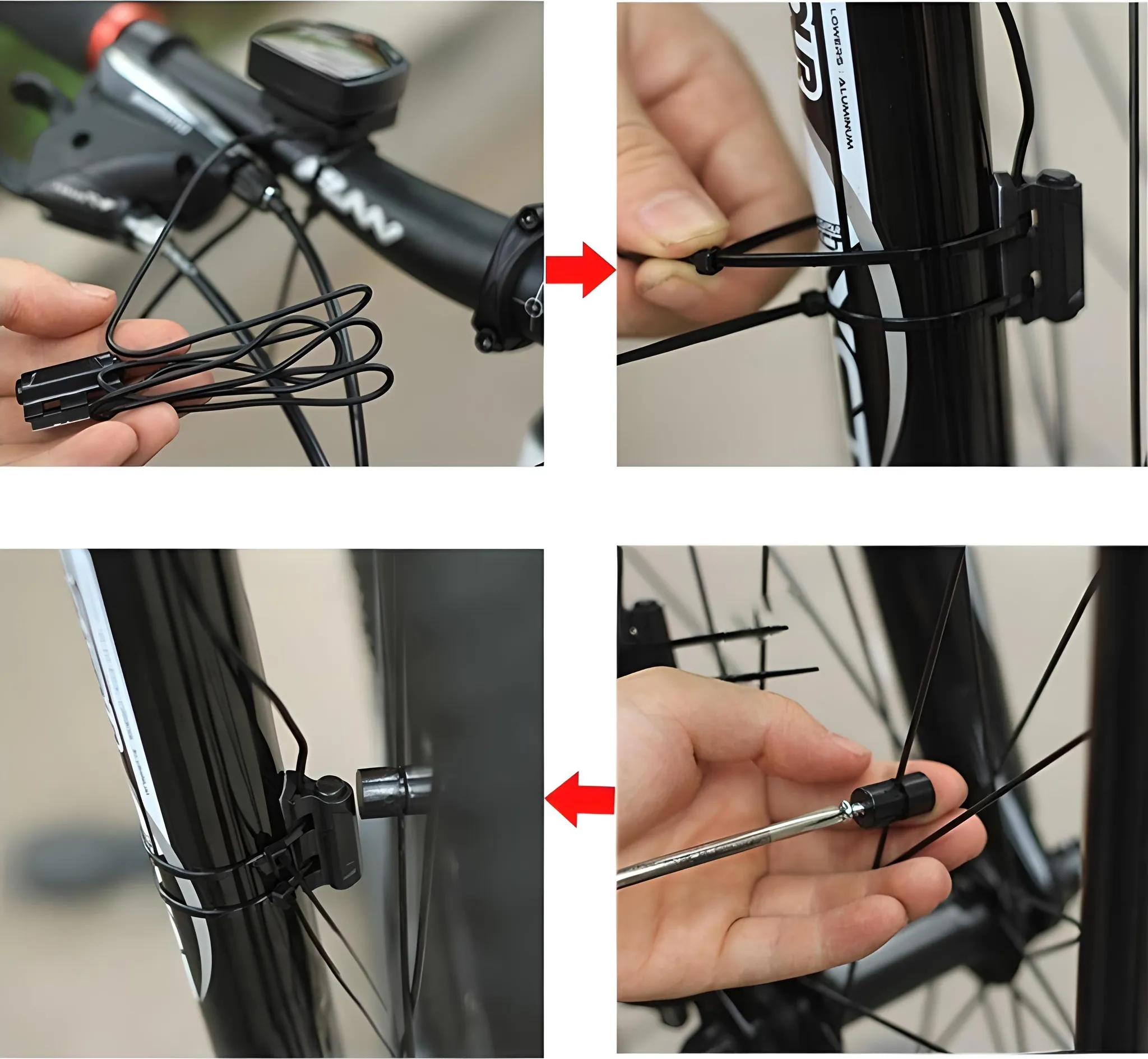 Eine Person installiert ein Fahrradlicht. Der Vorgang umfasst das Anschließen von Kabeln, das Befestigen des Lichts und das Einstellen des Radsensors.