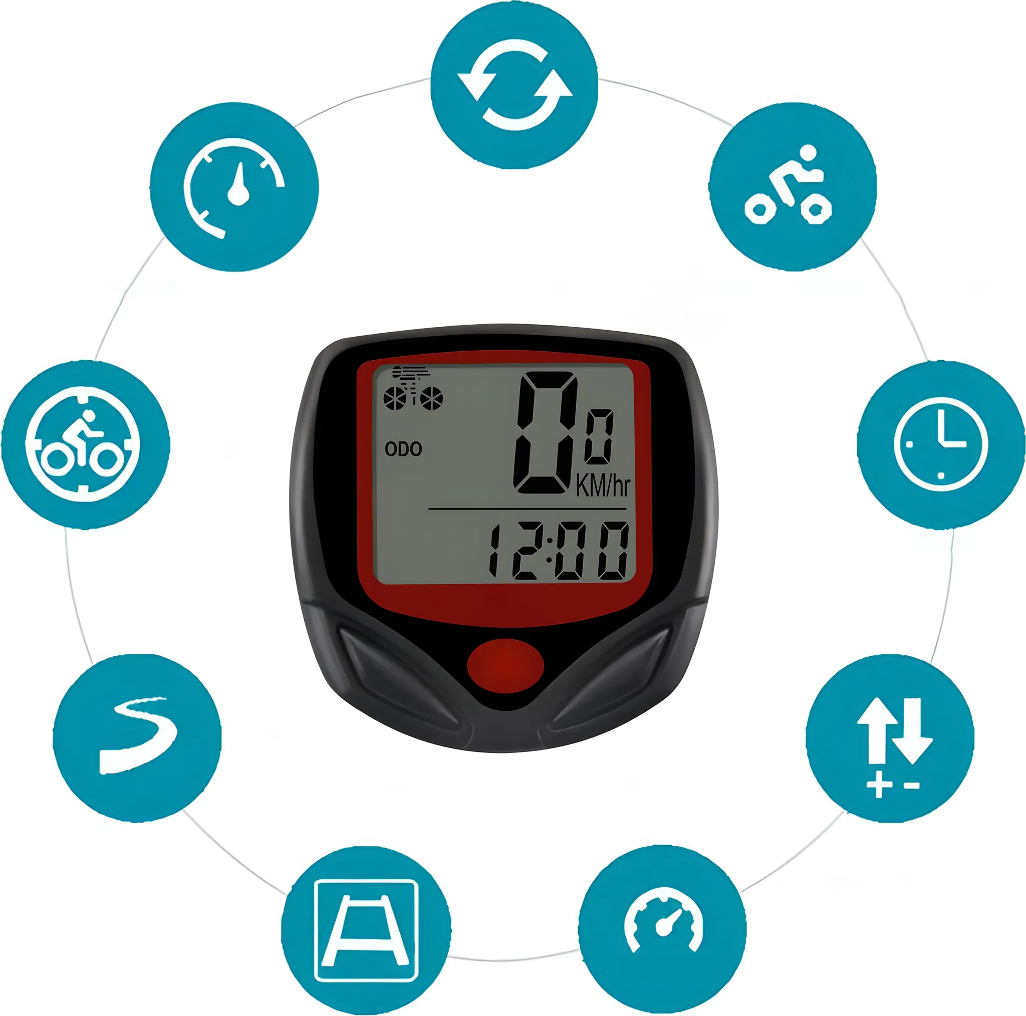 Fahrradcomputer mit Digitalanzeige, die Geschwindigkeit und Zeit anzeigt, umgeben von Funktionssymbolen und einer roten Taste.