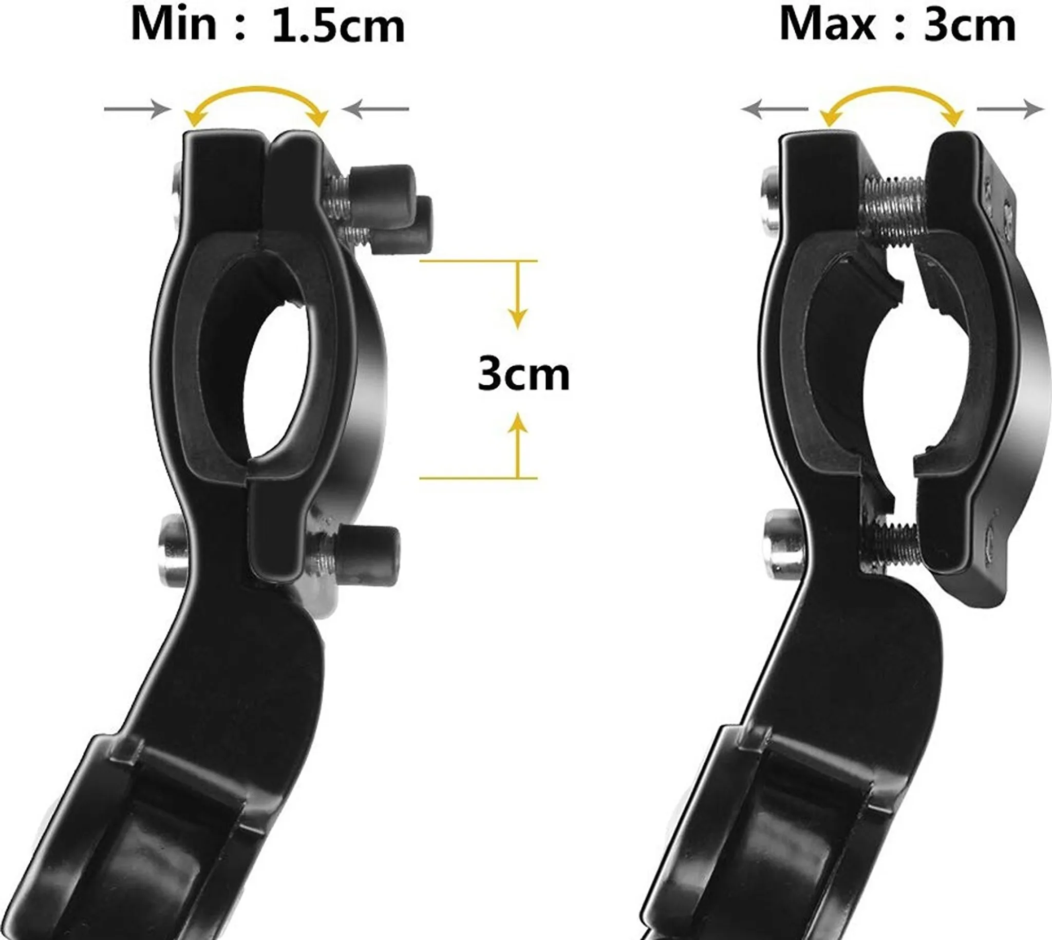 Zwei schwarze Fahrradlenkerhalterungen, die Größenanpassungen zeigen, mit Etiketten und Messungen. Min: 1,5 cm, Max: 3 cm und 3 cm.