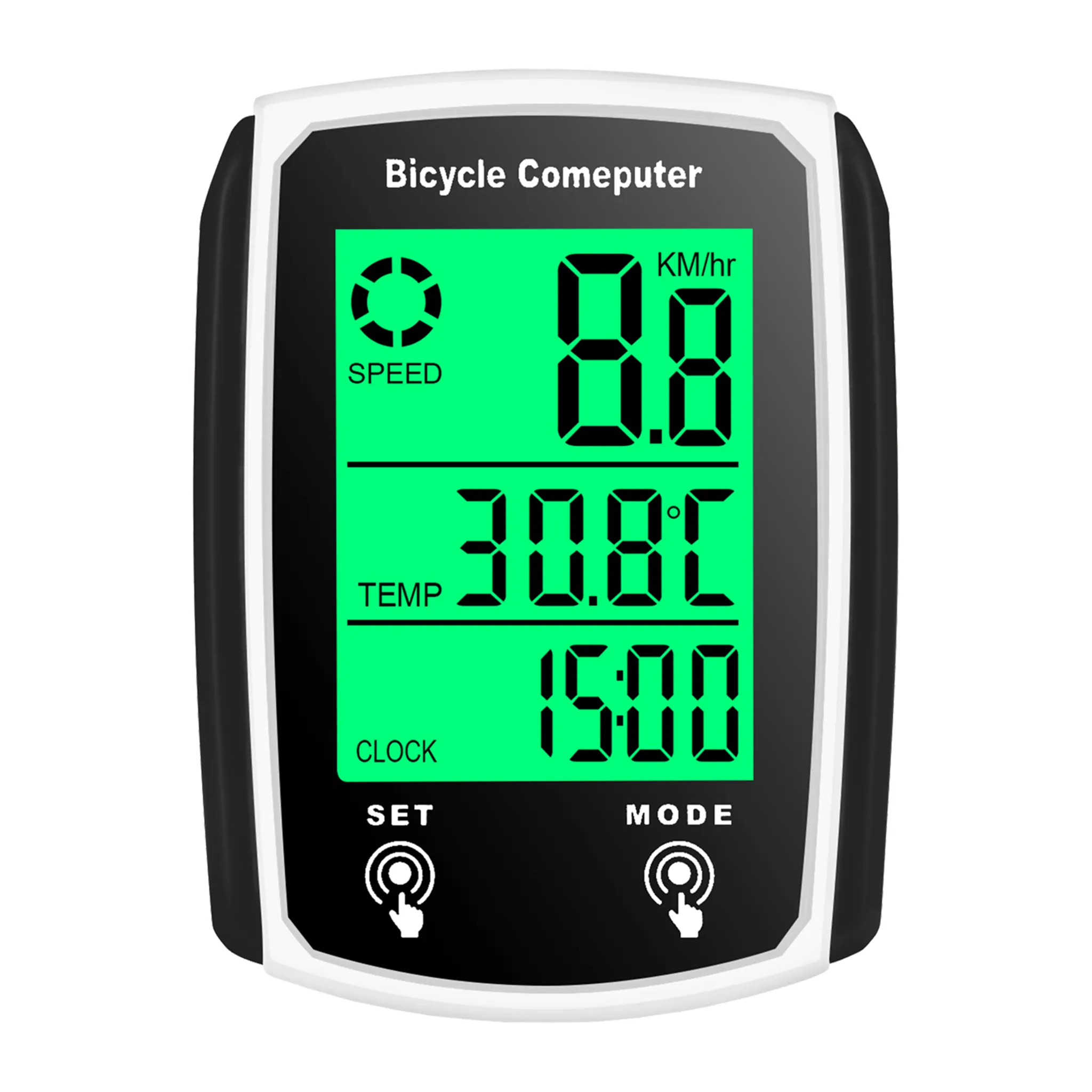 Ein Fahrradcomputer mit grünem Display, das Geschwindigkeit, Temperatur und Uhrzeit anzeigt. Das Gerät ist schwarz und weiß.