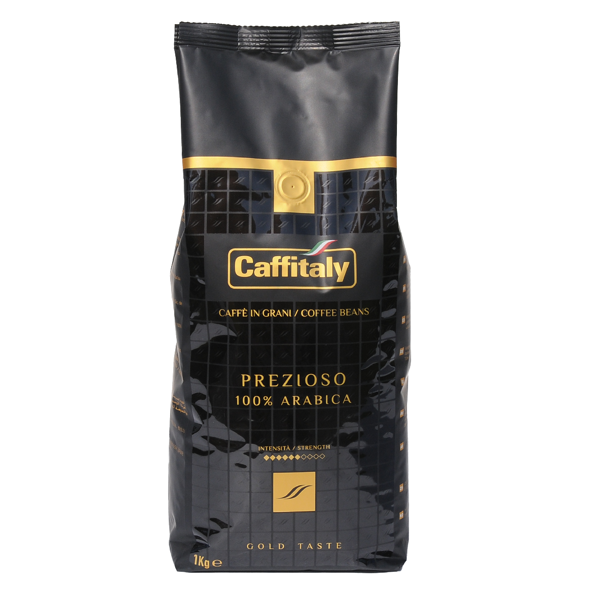 Ein schwarzer Kaffeebohnenbeutel mit dem Caffitaly-Logo. Es steht 'Prezioso 100% Arabica' und 'Gold Taste'. Der Beutel ist 1 kg.
