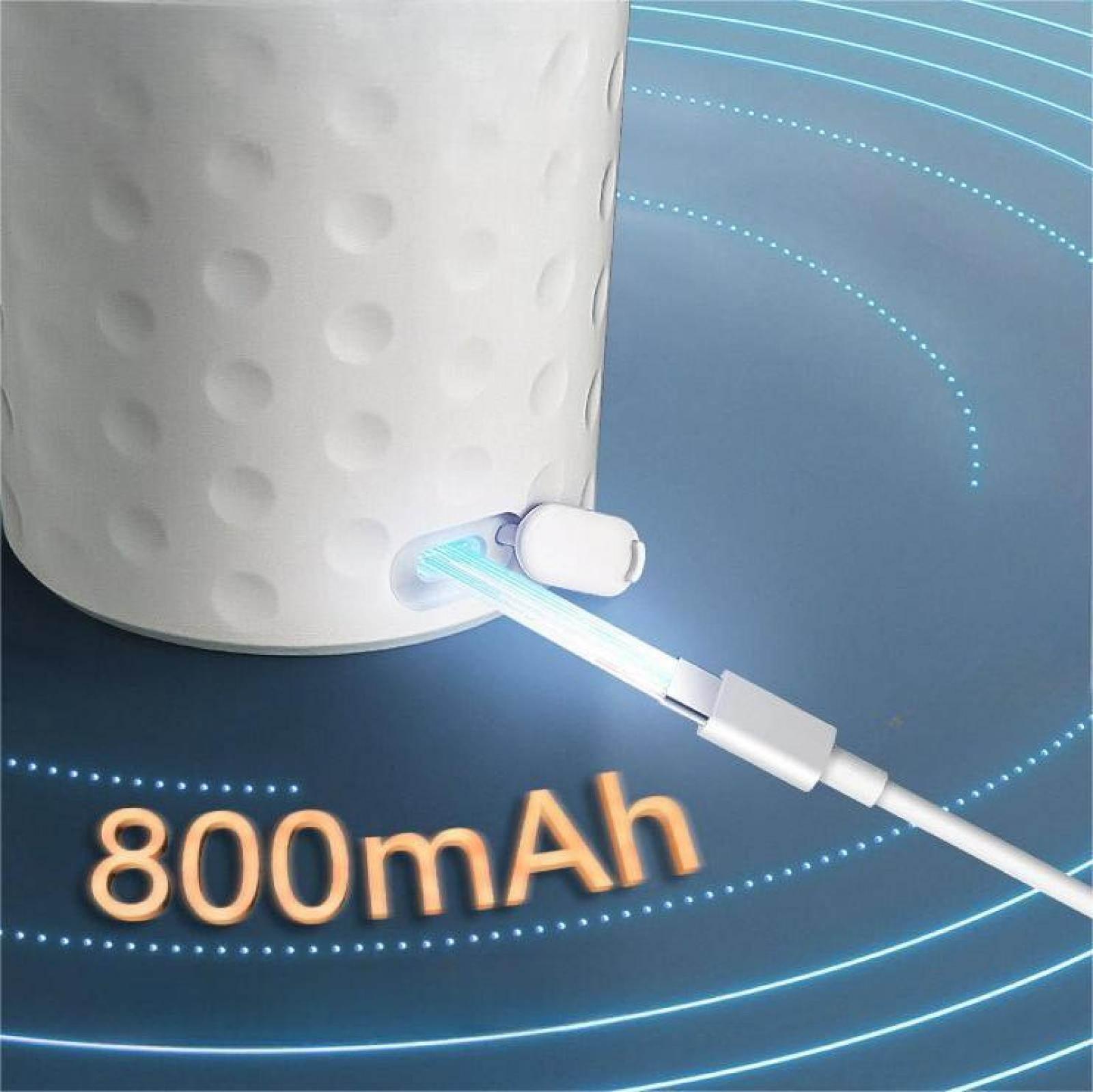 Ein weißes Gerät wird mit einem Kabel geladen. Die Grafik zeigt 800 mAh. Der Hintergrund ist blau mit gepunkteten Linien.