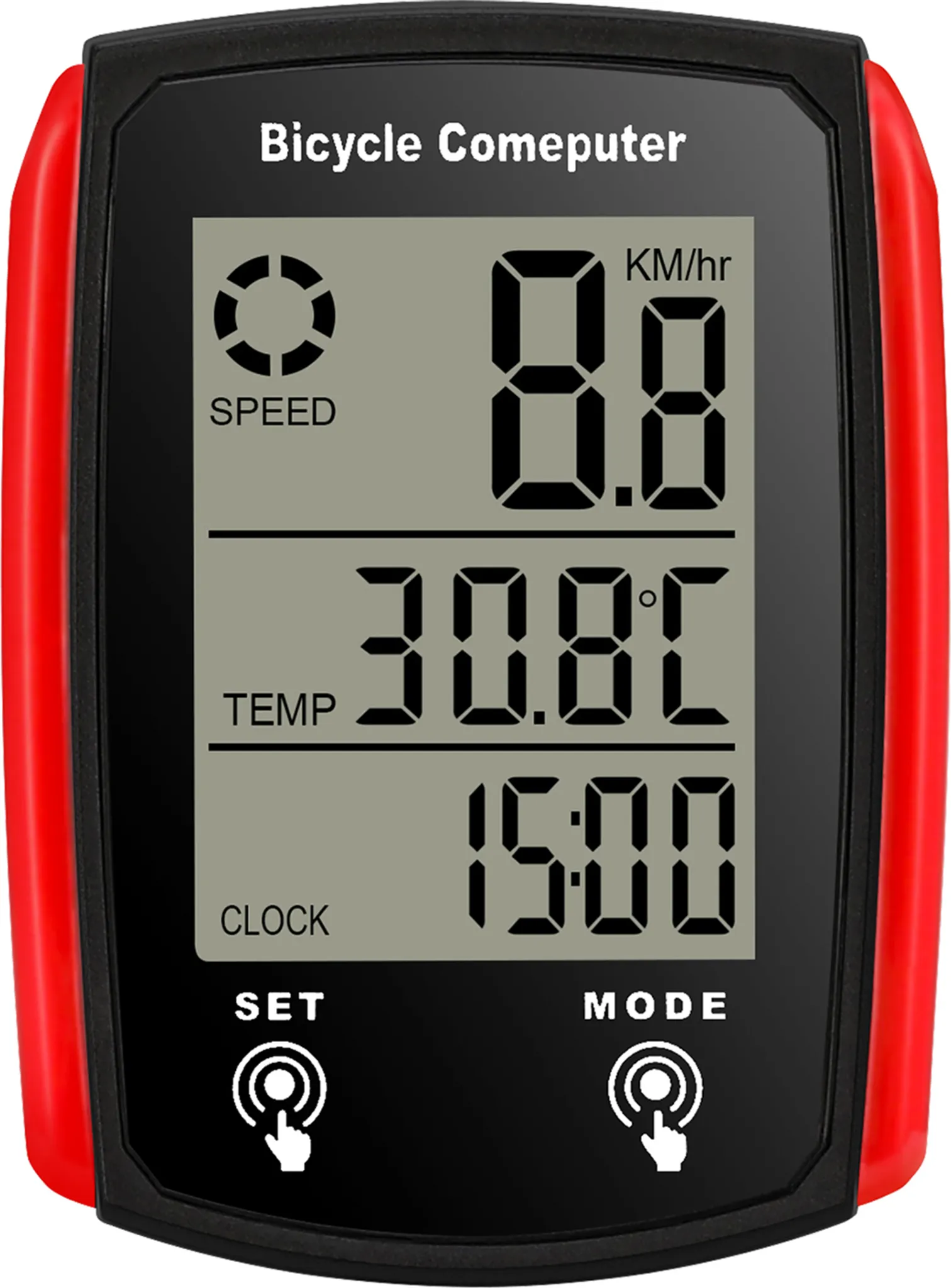 Ein Fahrradcomputer zeigt Geschwindigkeit, Temperatur und Uhrzeit an. Der Rahmen ist rot und schwarz.