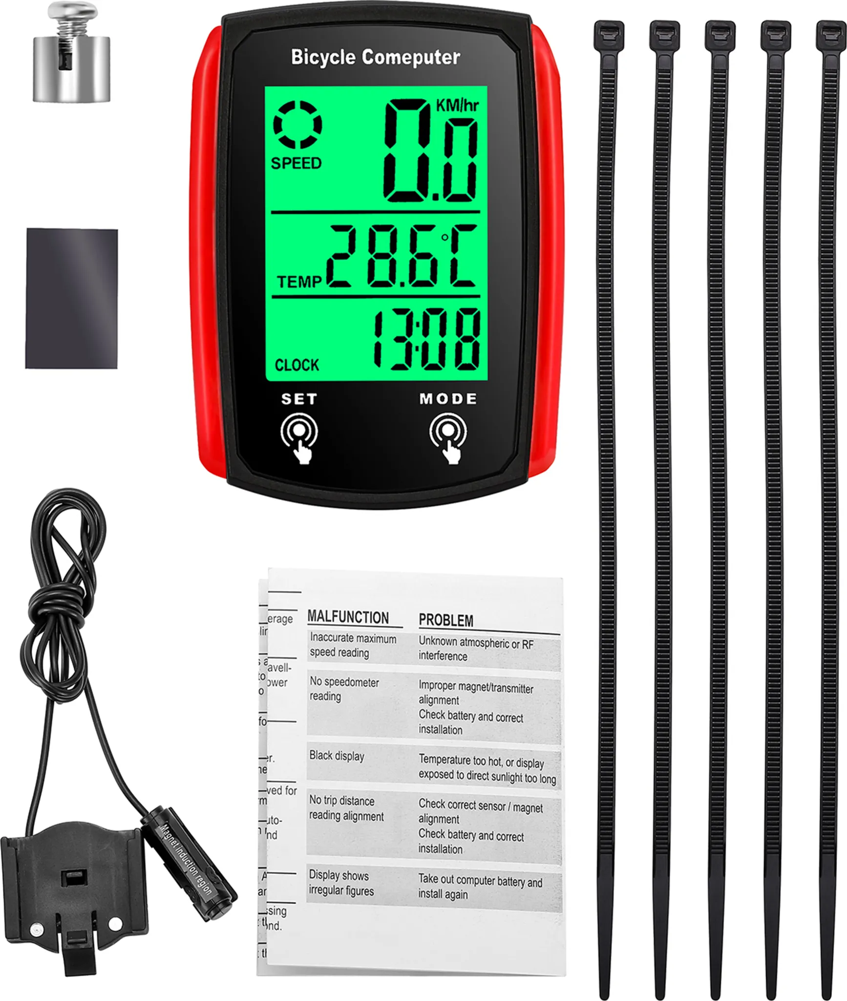 Ein Fahrradcomputer zeigt Geschwindigkeit, Temperatur und Uhrzeit an. Enthält Befestigungsmaterial, einen Sensor und schwarze Kabelbinder.