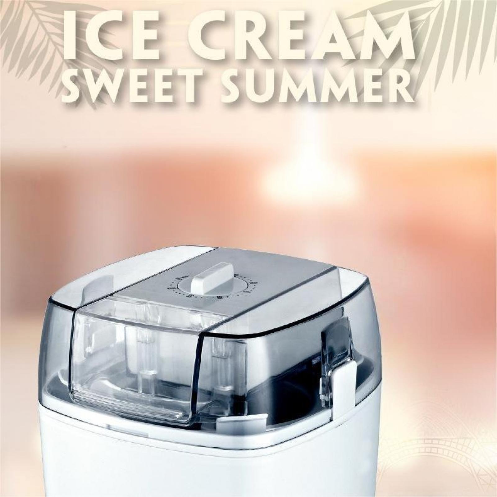 Eismaschine. Weißer Körper, transparenter Deckel, Drehknopf oben und Text 'ICE CREAM SWEET SUMMER'.