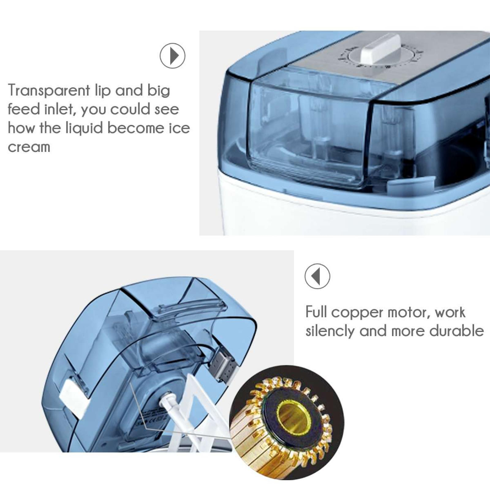 Eismaschine mit blauem, transparentem Deckel, weißem Körper und Kupfermoter. Details, wie Flüssigkeit zu Eis wird.