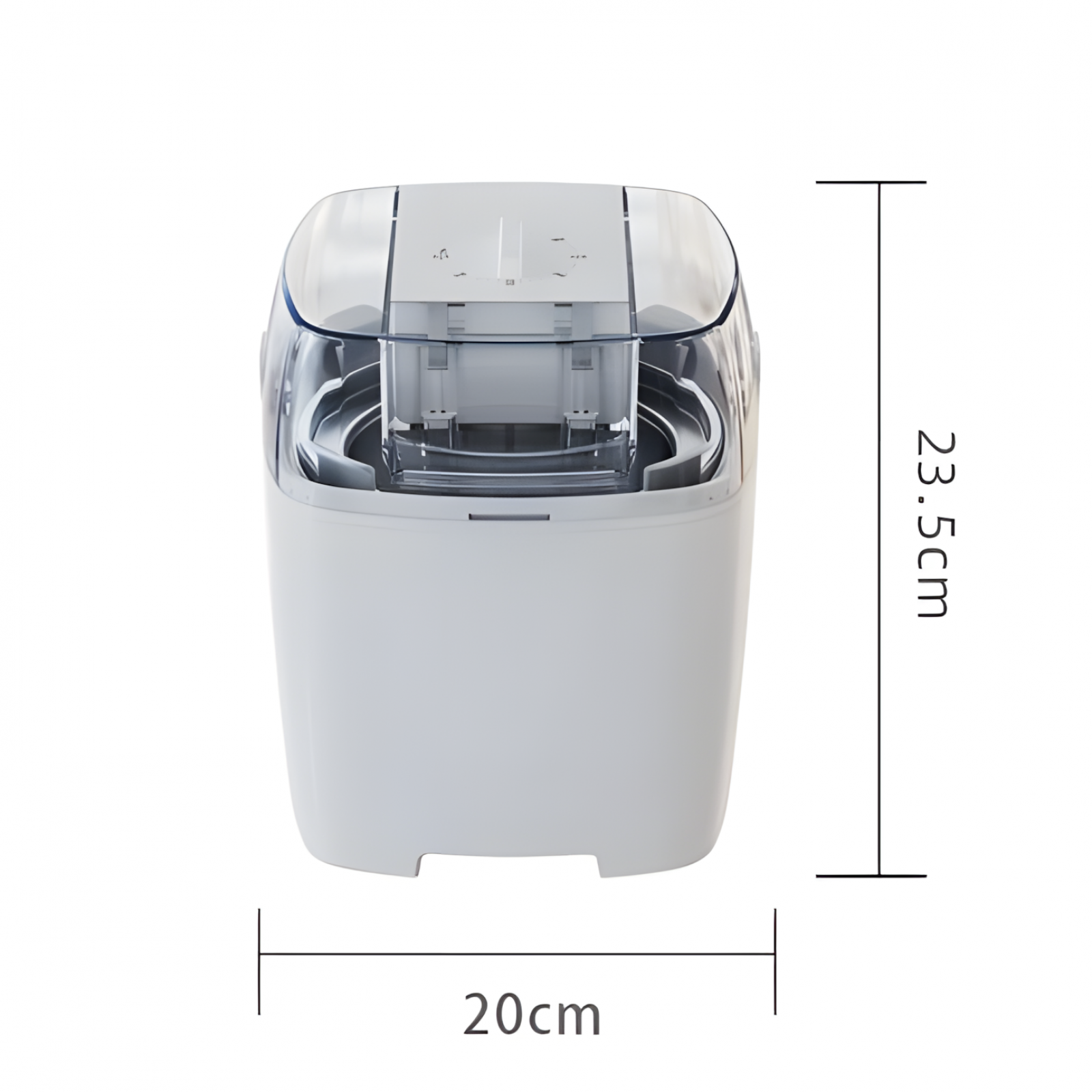 Weißer Eisbereiter mit transparentem Deckel. Die Abmessungen betragen 20 cm x 23,5 cm. Der Hintergrund ist weiß.