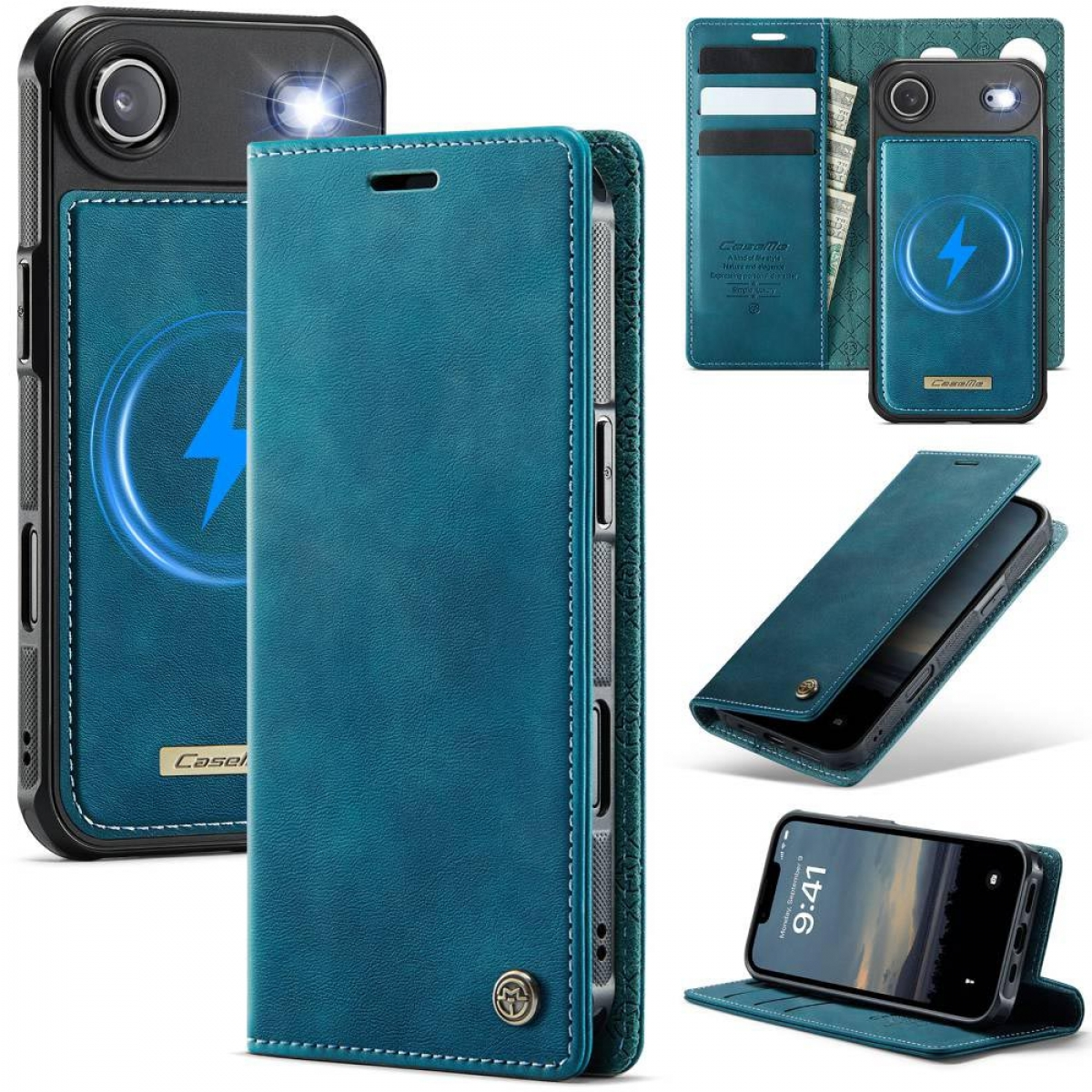 Eine blaue Handyhülle mit Blitzdesign, in verschiedenen Ausrichtungen gezeigt. Das Handy ist schwarz.