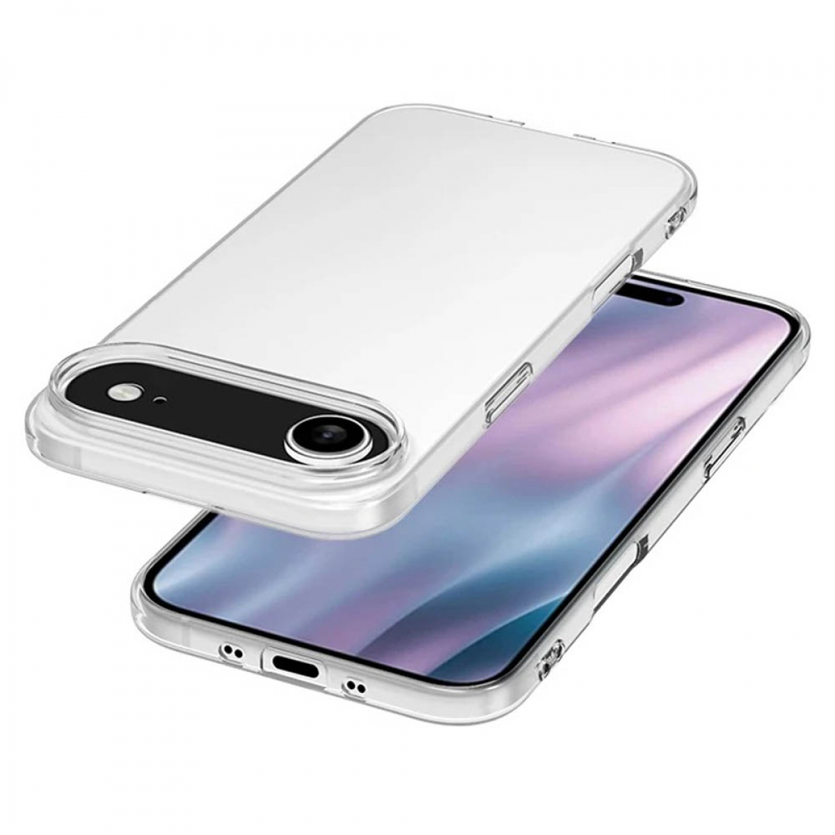 Eine transparente Handyhülle mit Kameraausschnitt liegt leicht über einem Handy, das einen lila-weißen Bildschirm zeigt.