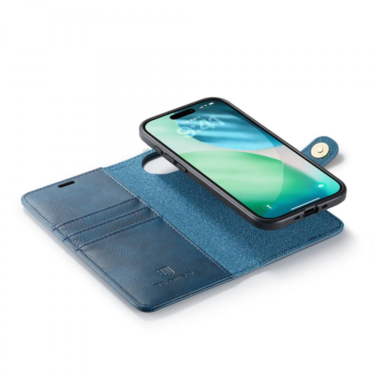Ein Smartphone liegt auf einer offenen blauen Leder-Wallet-Hülle. Der Telefonbildschirm zeigt die Uhrzeit, und die Brieftasche hat Kartenfächer.