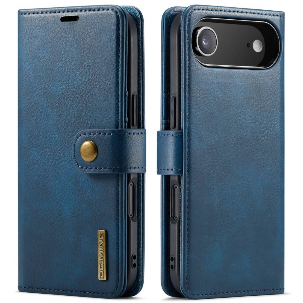 Zwei blaue Leder-Handyhüllen. Eine geschlossen mit Knopf, die andere offen mit einem Telefon mit Kameraobjektiv.