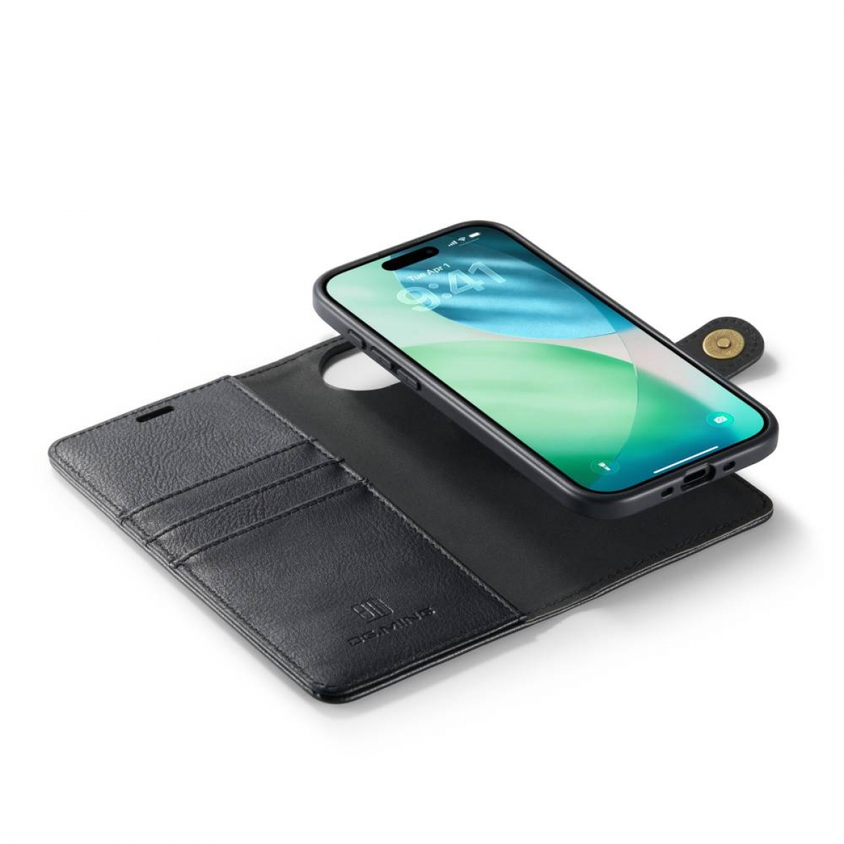 Schwarze Handyhülle mit Smartphone. Die Hülle ist offen und zeigt Kartenfächer. Der Bildschirm zeigt ein farbenfrohes Hintergrundbild.