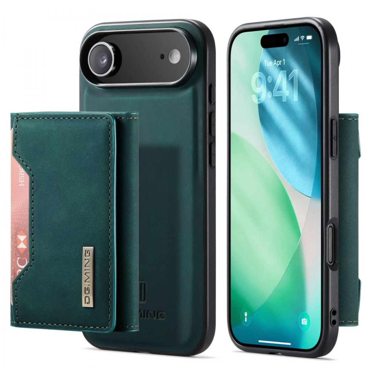 Drei Artikel: eine grüne Handyhülle, eine Geldbörse und ein Smartphone mit Hülle. Geldbörse und Hülle sind grün.