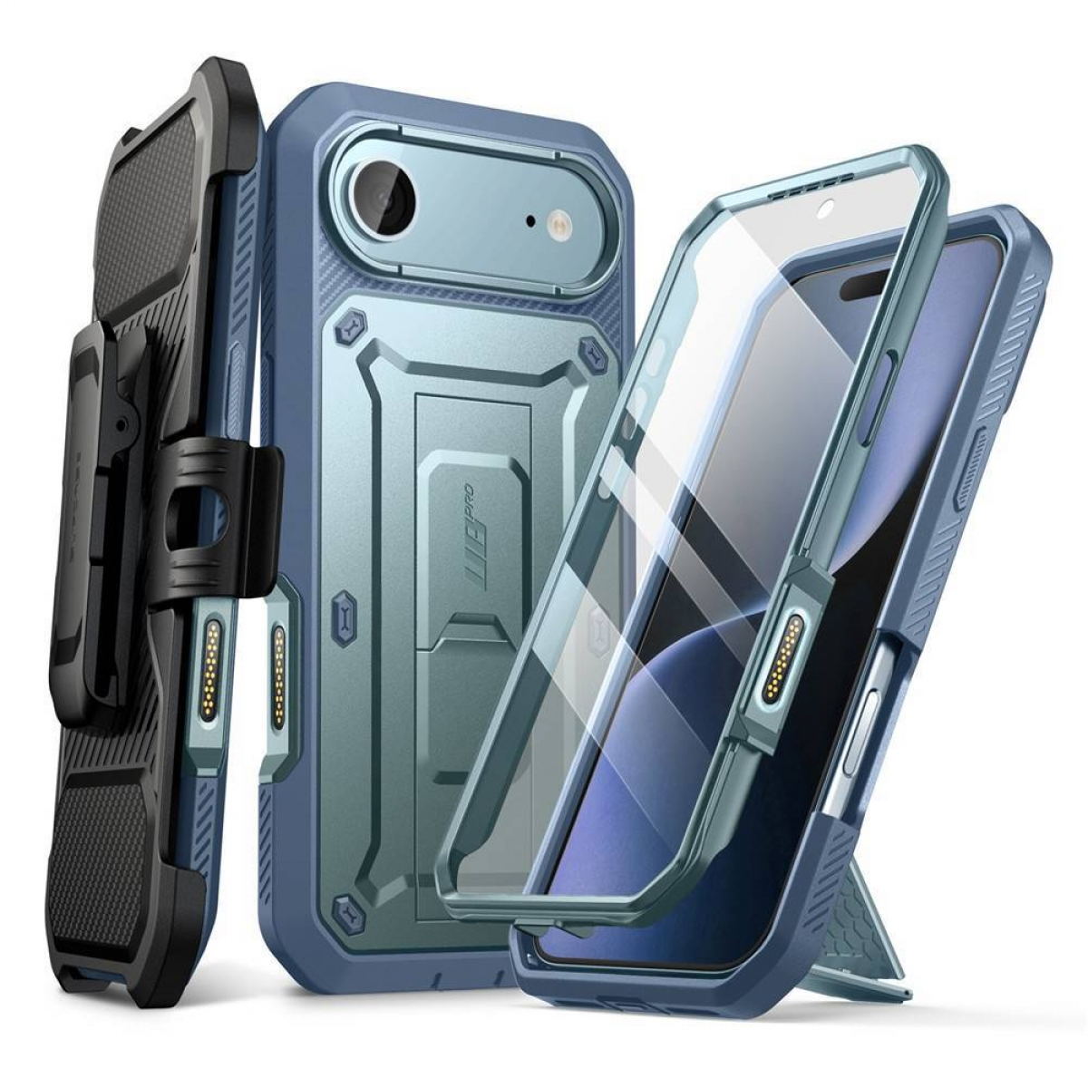 Custodie per telefono blu e nere. Una con clip da cintura, due con protezioni schermo trasparenti e una con cavalletto. Tutto su sfondo bianco.