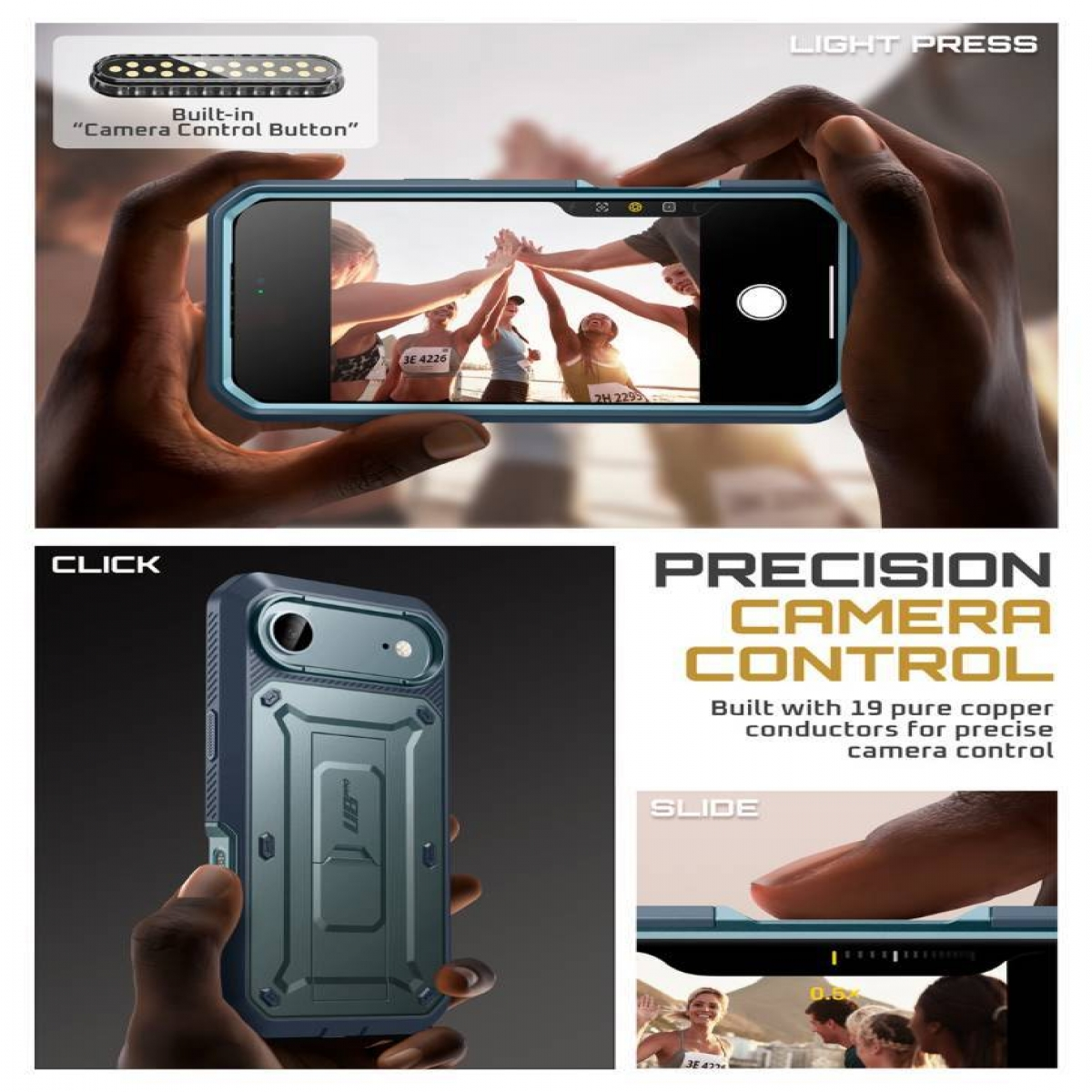 Una persona tiene in mano un telefono con uno schermo che mostra persone che si battono il cinque. Il telefono è in una custodia protettiva. Il testo evidenzia le funzioni di controllo della fotocamera.
