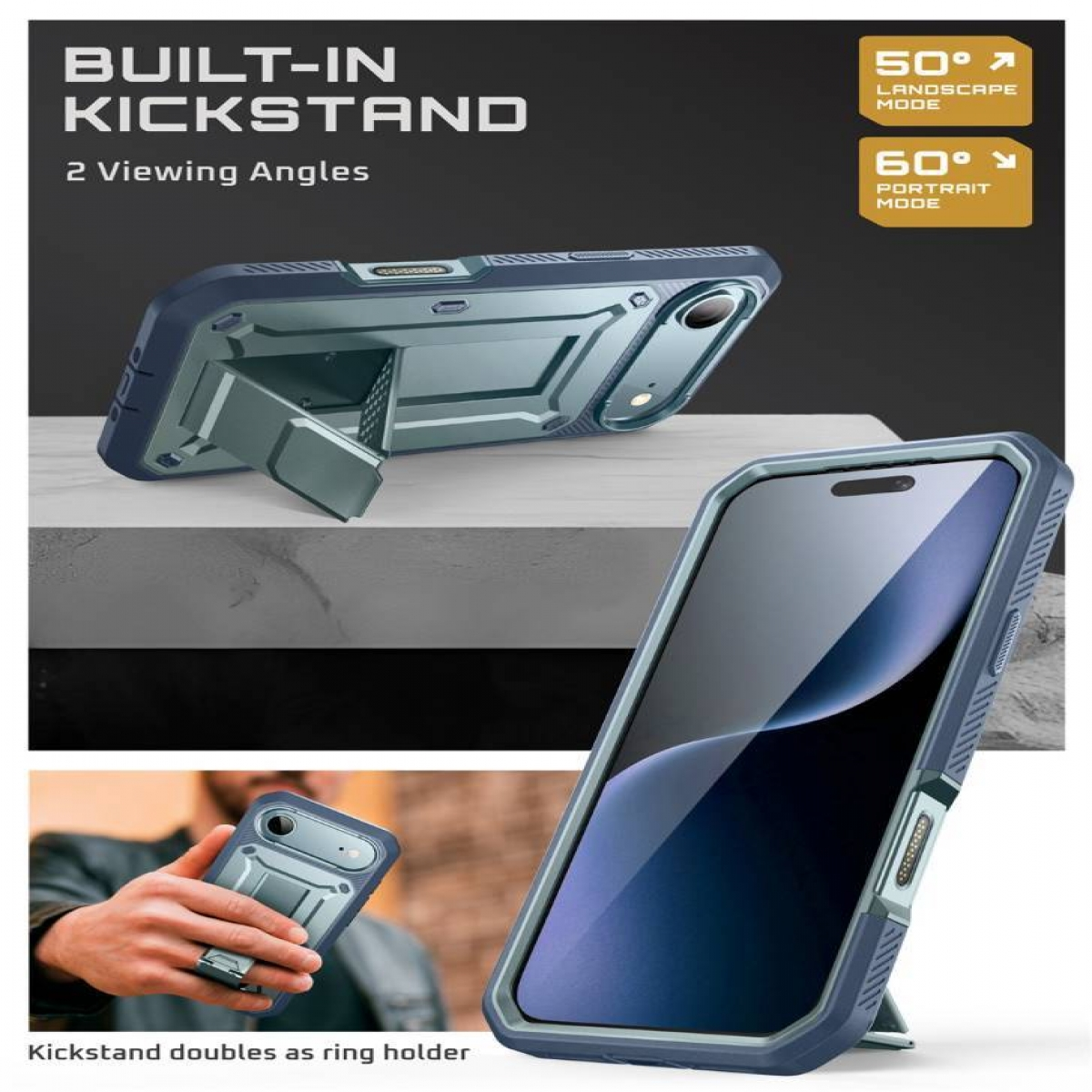 L'immagine mostra una custodia per telefono con cavalletto integrato. La custodia è blu-grigio. Ha due angoli di visione: 50° orizzontale e 60° verticale.