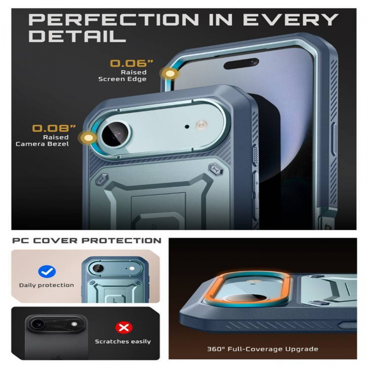 Una pubblicità per una custodia per telefono. La custodia è blu con un anello della fotocamera arancione. Ha un bordo dello schermo e una cornice della fotocamera rialzati.