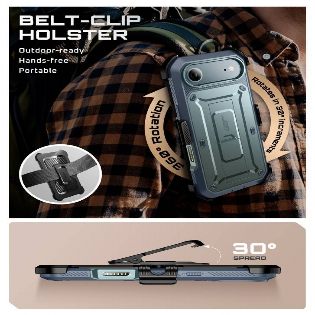 Una custodia per iPhone con clip da cintura. Testo: Fondina con clip da cintura, pronta per l'esterno, a mani libere, portatile. Ruota di 360 gradi.