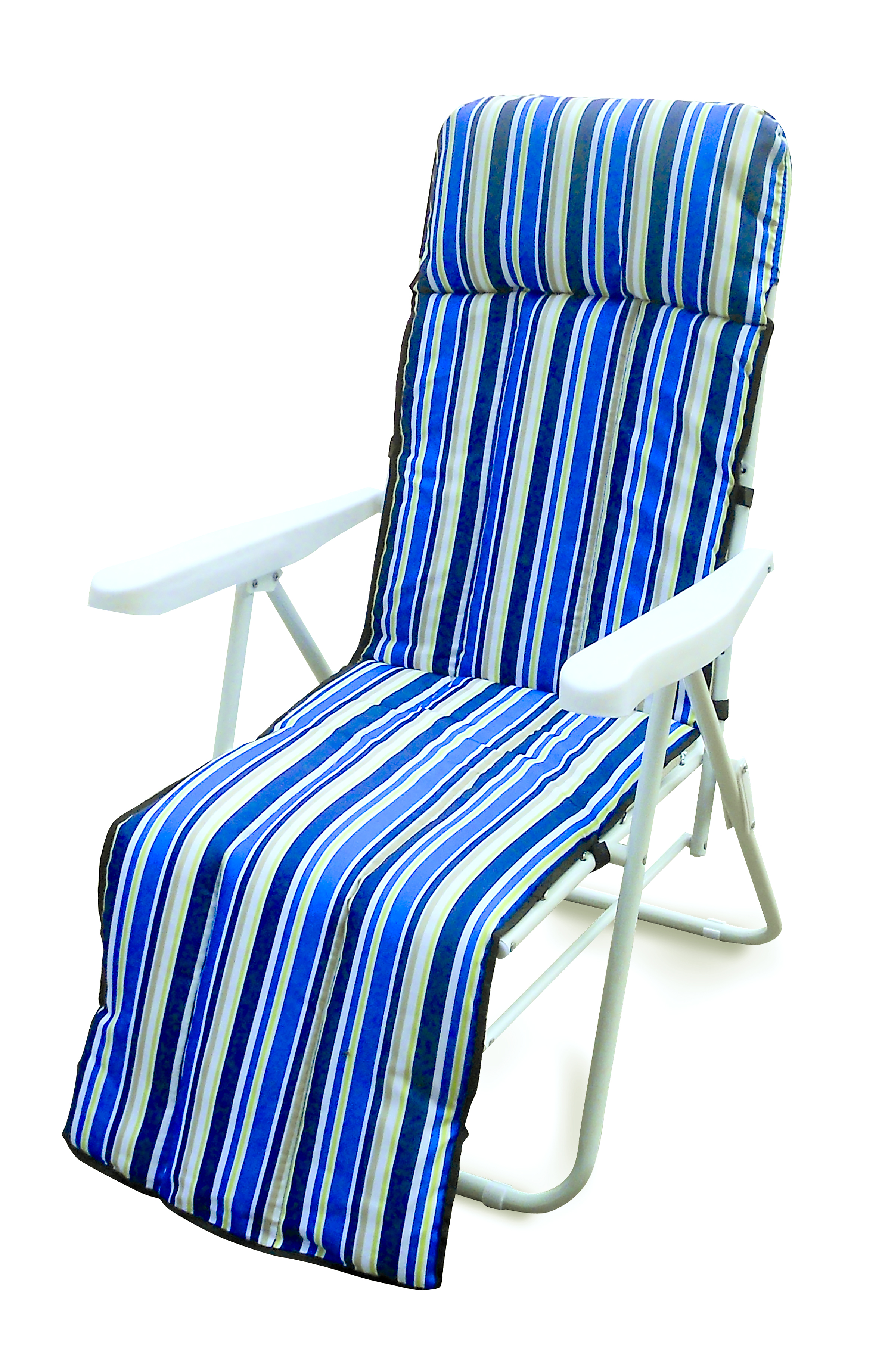 Una sedia da spiaggia pieghevole a righe blu, bianche e gialle. Ha braccioli bianchi e un telaio bianco.
