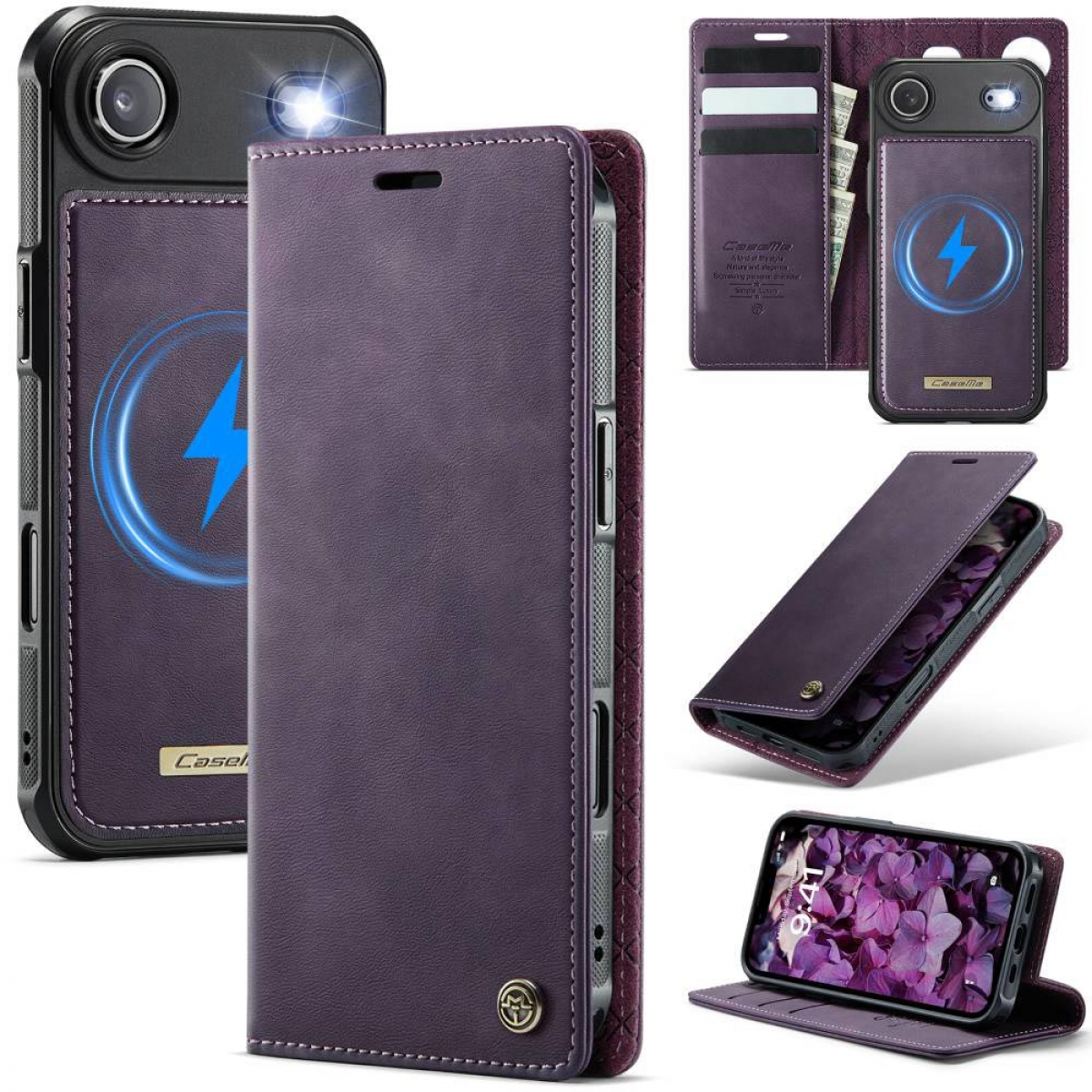Mehrere Bilder einer lila Handyhülle mit Blitzdesign und einem Handy mit Blumentapete und einer Brieftasche.