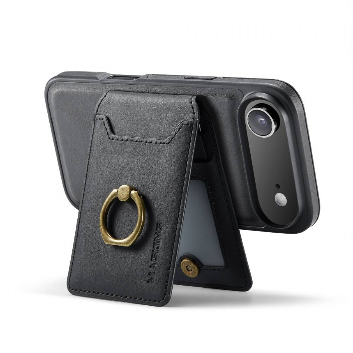 Schwarze Handyhülle mit goldenem Ringhalter, die ein Telefon stützt. Die Hülle hat auch einen Kartenhalter. Das Telefon hat eine Kamera.