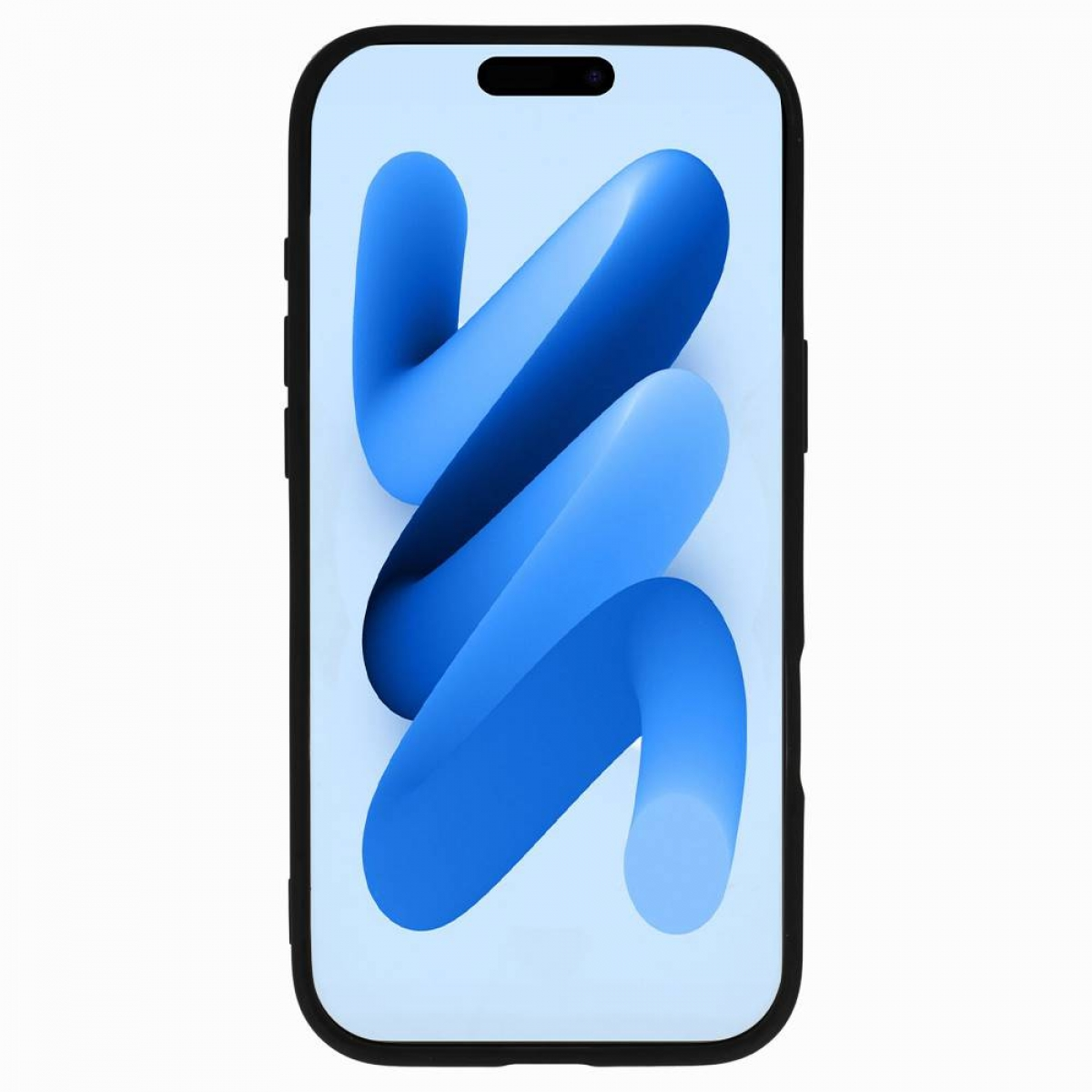 Smartphone mit schwarzem Rahmen zeigt blaues, abstraktes Design. Der Bildschirm zeigt einen hellblauen Hintergrund mit fließenden blauen Formen.