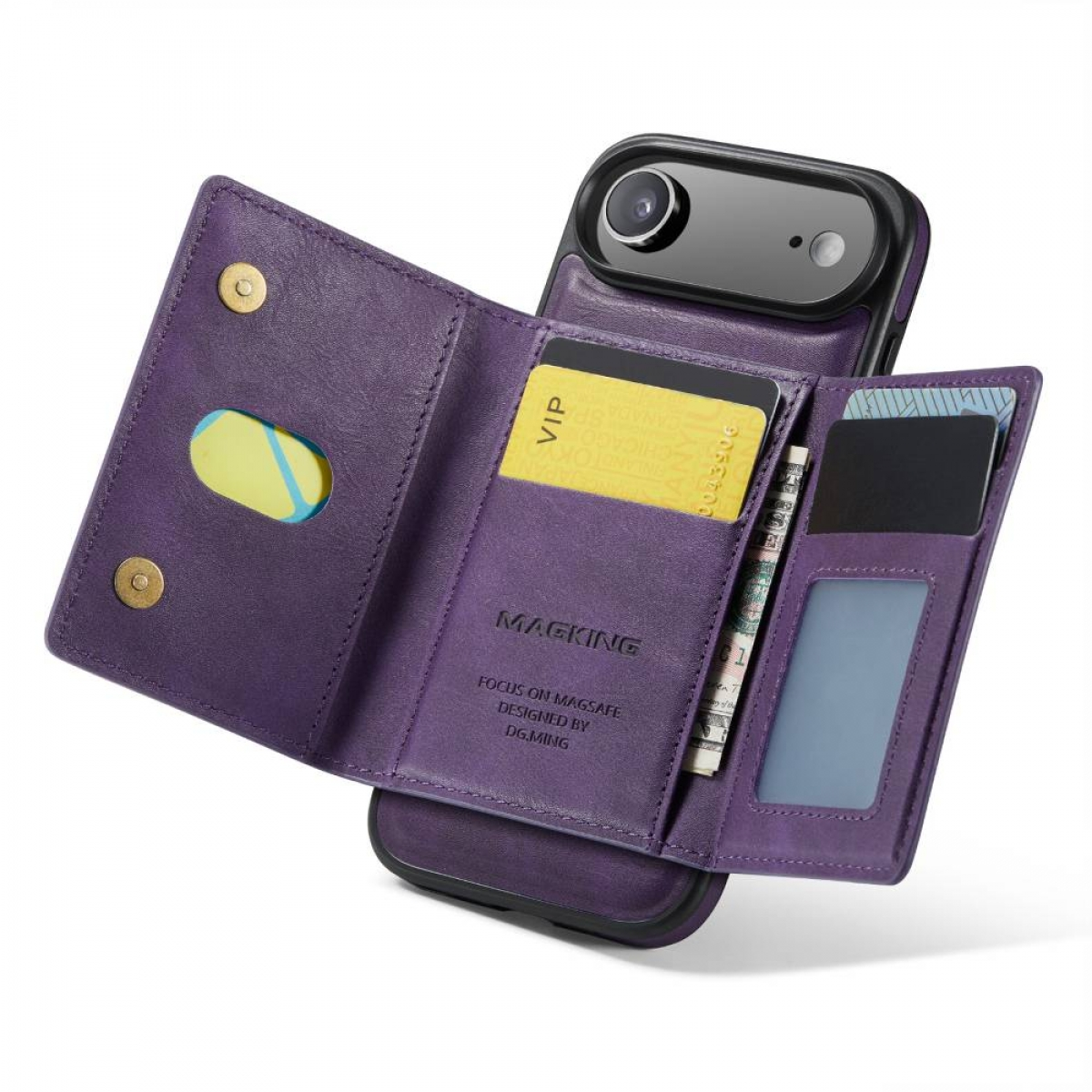 Lila Handyhülle mit Geldbörse. Sie enthält ein Telefon, eine VIP-Karte, andere Karten und Bargeld. Die Hülle ist geöffnet und zeigt ihren Inhalt.