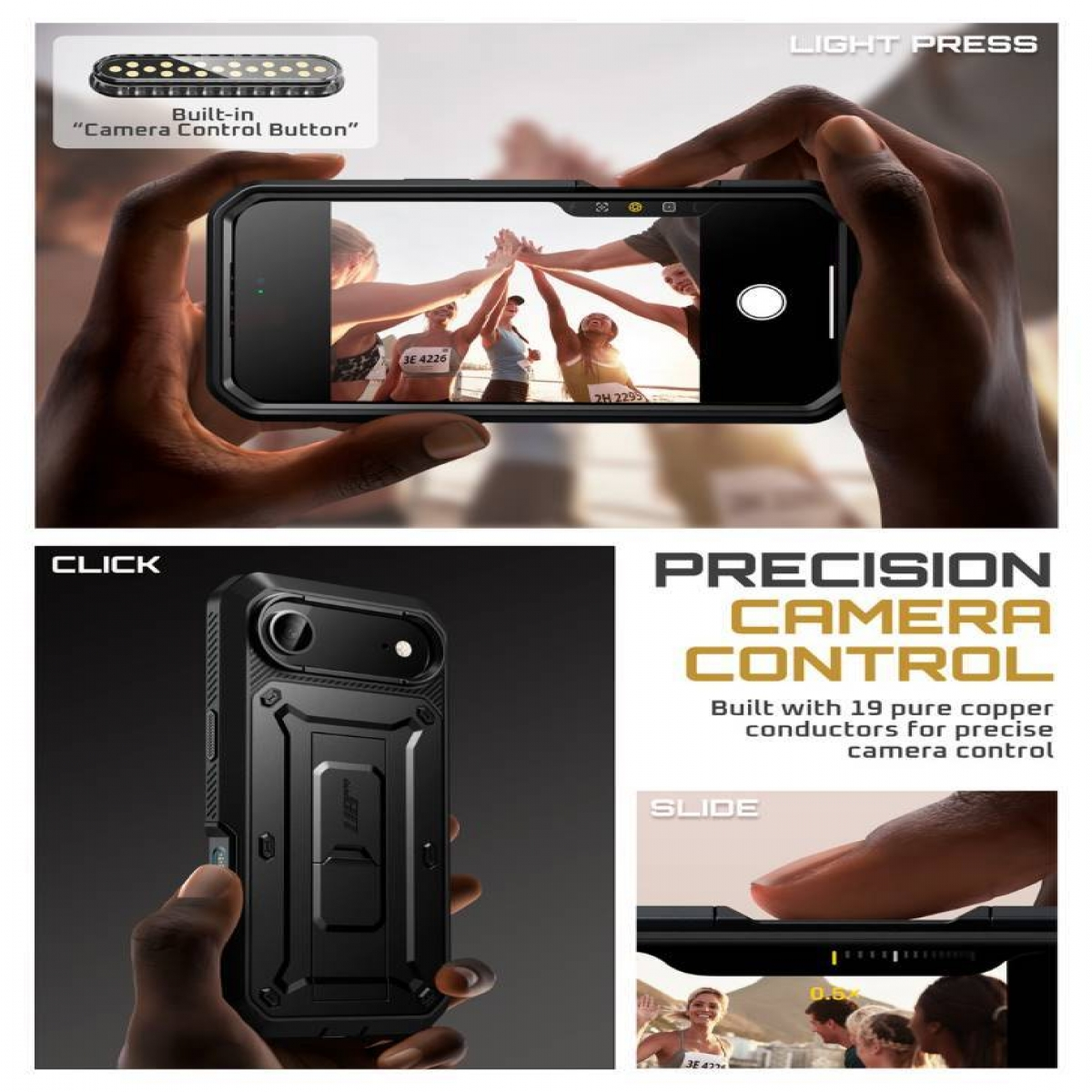 Un telefono viene tenuto, mostrando una foto di persone che si battono il cinque. Viene mostrata una custodia per telefono con un pulsante fotocamera integrato.