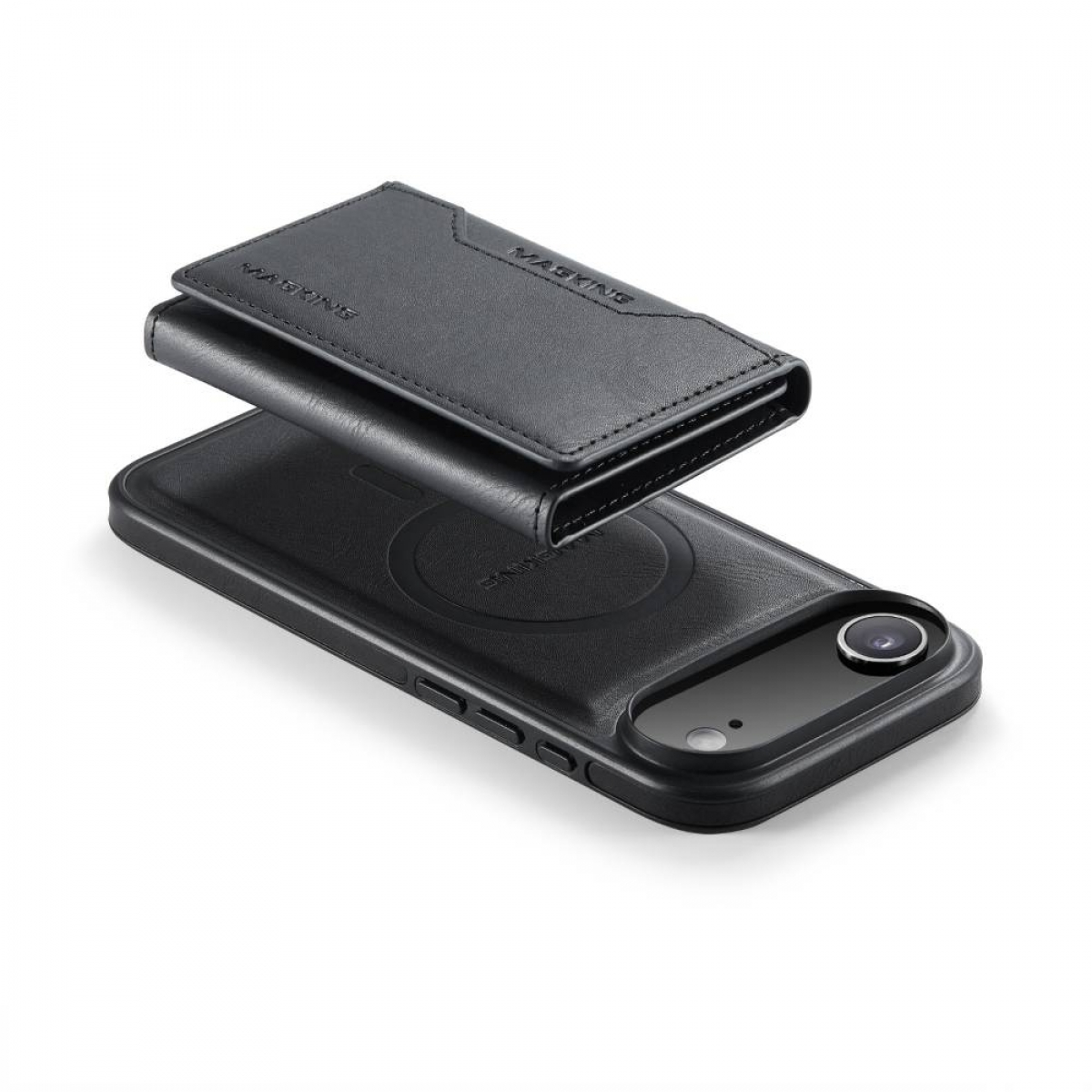 Schwarze Handyhülle mit Geldbörsenaufsatz, beide mit 'MASKING'-Branding. Ein Telefon mit Kamera ist in der Hülle, isoliert auf Weiß.