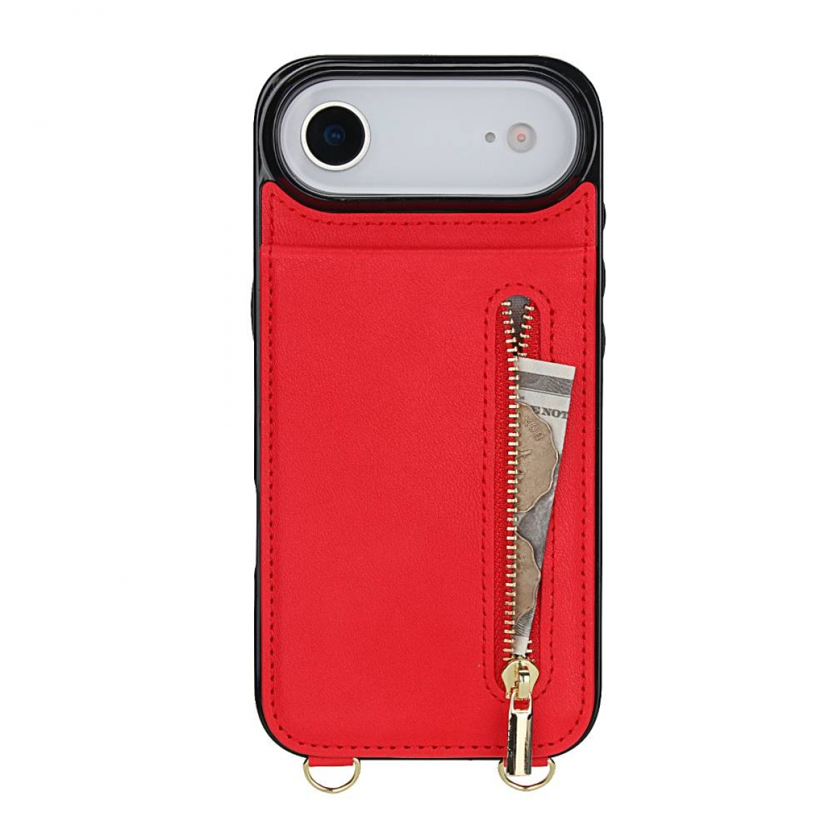 Eine rote iPhone-Hülle mit Reißverschlusstasche. Geld ist teilweise sichtbar. Die Hülle hat einen schwarzen Rahmen und einen goldenen Reißverschluss.