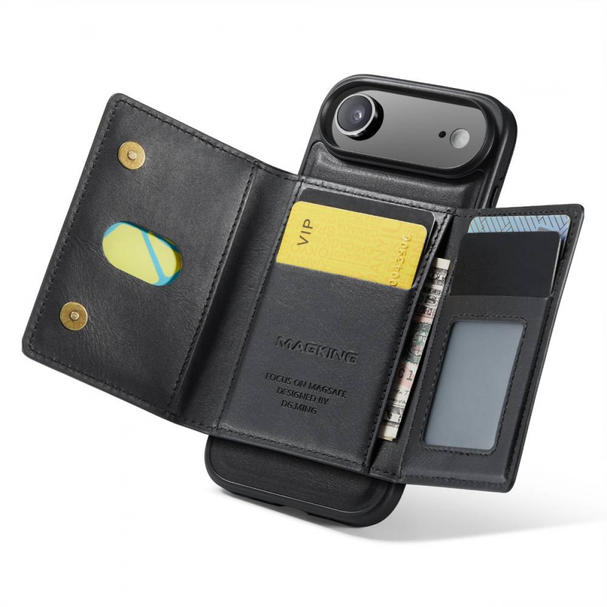 Schwarze Leder-Handyhülle mit Kartenfächern, einer VIP-Karte und Bargeld. Die Hülle ist geöffnet und gibt das Telefon frei.