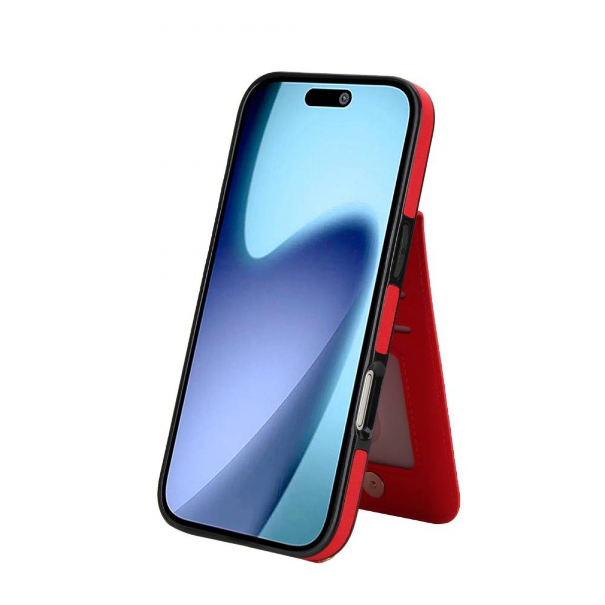 Ein Smartphone in einer roten Hülle mit Ständer wird gezeigt. Der Bildschirm zeigt einen blau-weißen Farbverlauf.