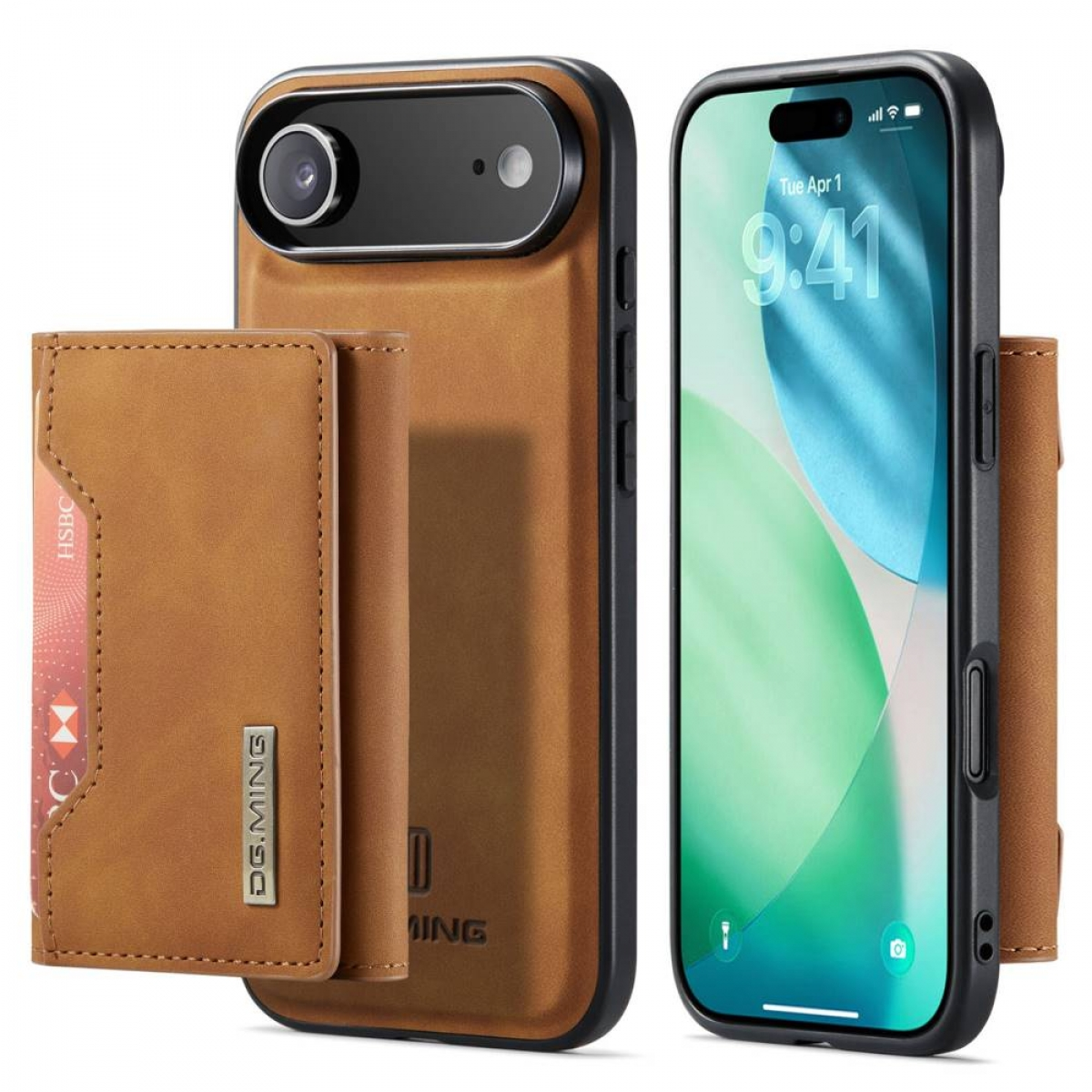 Drei Handyhüllen und eine Brieftasche. Ein Telefon zeigt einen Bildschirm an. Die Brieftasche hat eine Kreditkarte. Alle Artikel sind braun.