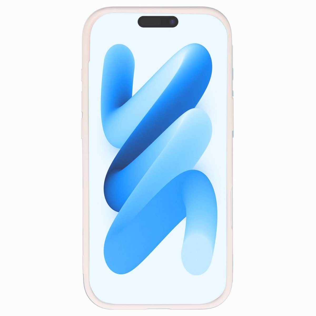 Ein Smartphone mit hellrosa Rahmen zeigt blaue, fließende abstrakte Formen auf weißem Hintergrund. Oben befindet sich eine schwarze Kamera.