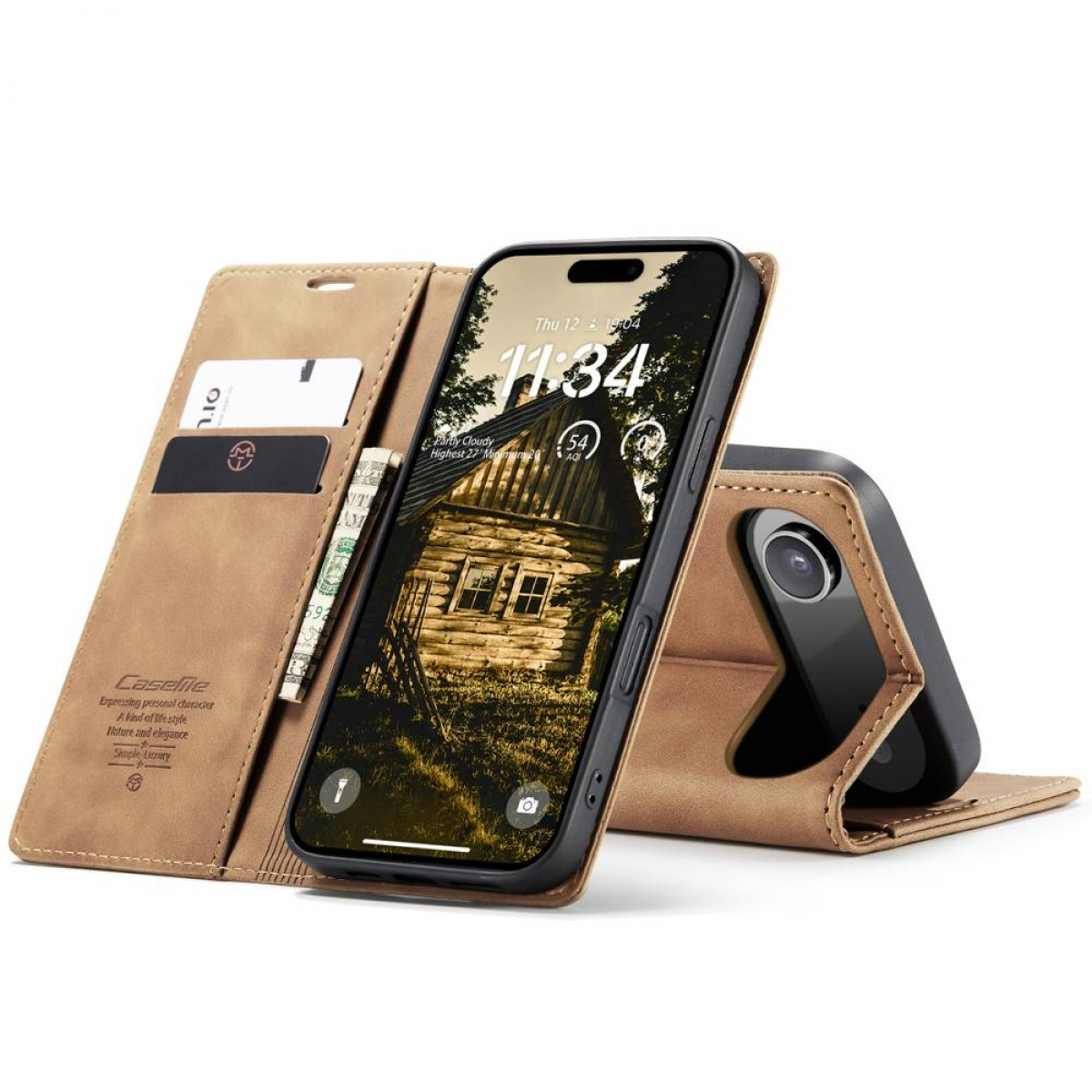 Eine braune Handyhülle mit einem Telefon darin. Das Telefon zeigt ein Holzhaus auf dem Bildschirm. Die Hülle enthält auch eine Karte und eine Rechnung.
