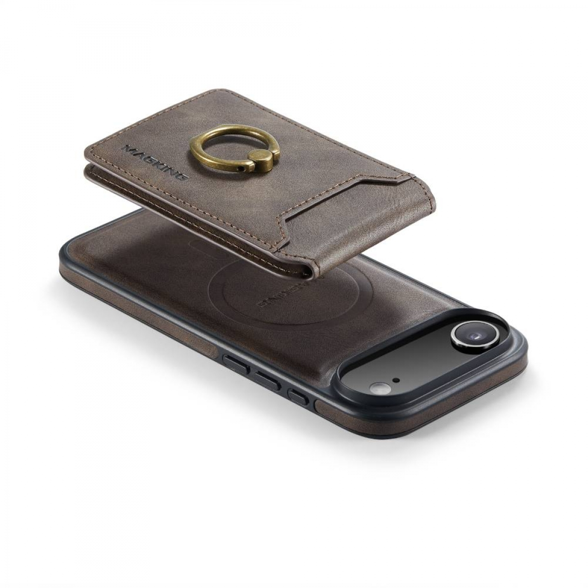Eine braune Leder-Handyhülle mit passendem Geldbörsenaufsatz, mit goldenem Ringhalter, schwebt über dem Telefon.