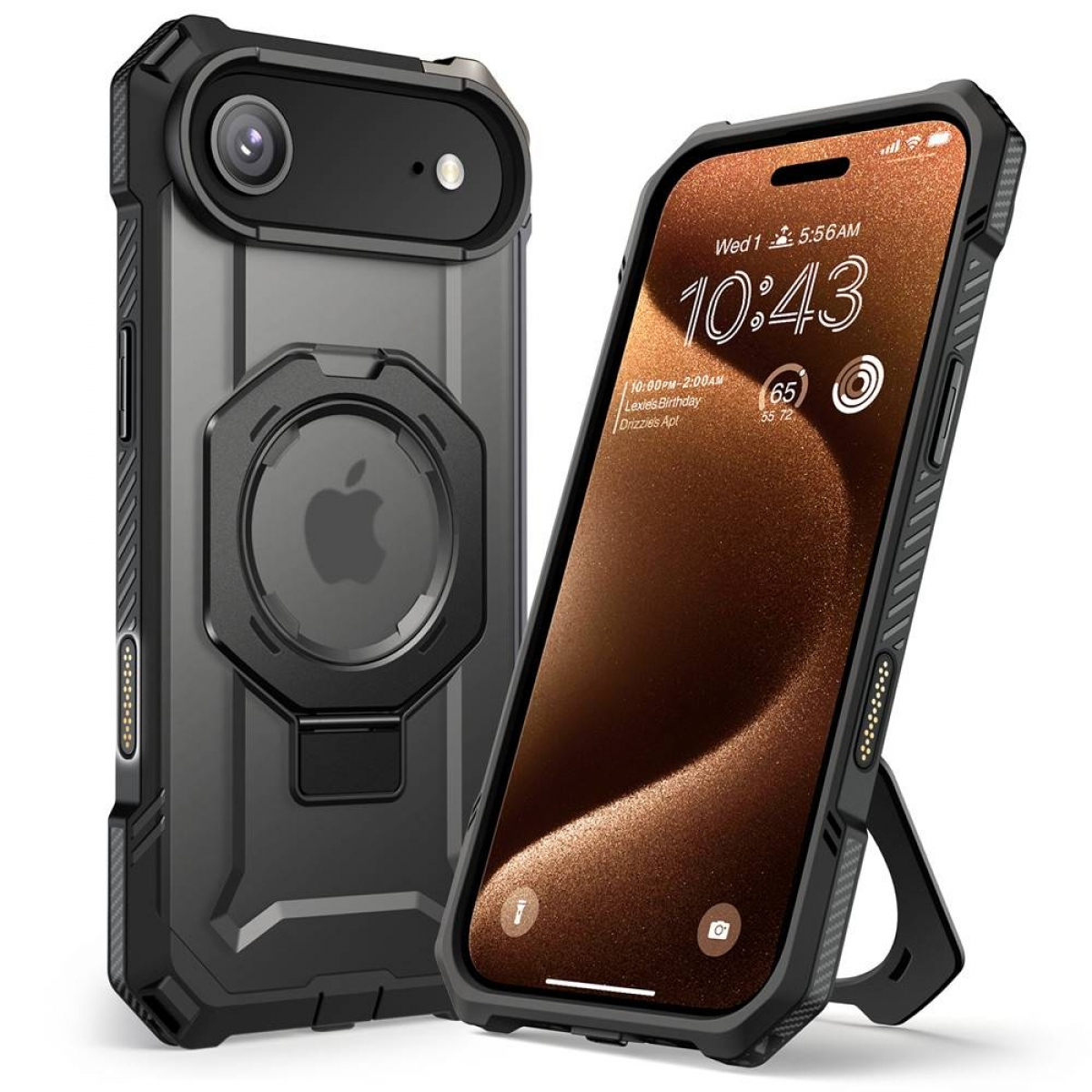 Due iPhone con custodie protettive. Uno mostra l'ora, l'altro il logo Apple. Entrambi sono neri e grigi.