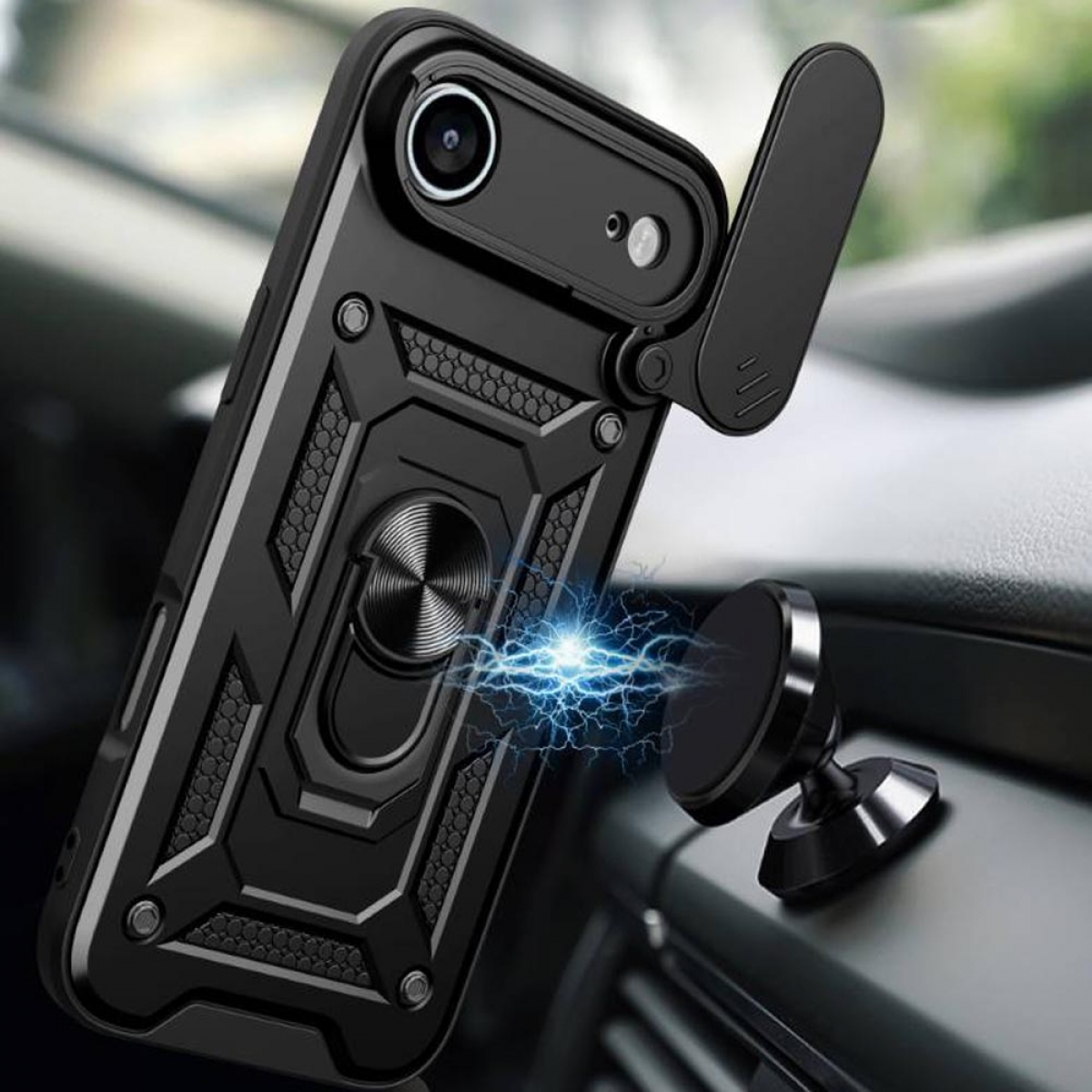 Schwarze Handyhülle mit einem magnetischen Ringhalter und einer Autotelefonhalterung. Die Handyhülle ist an der Halterung befestigt.