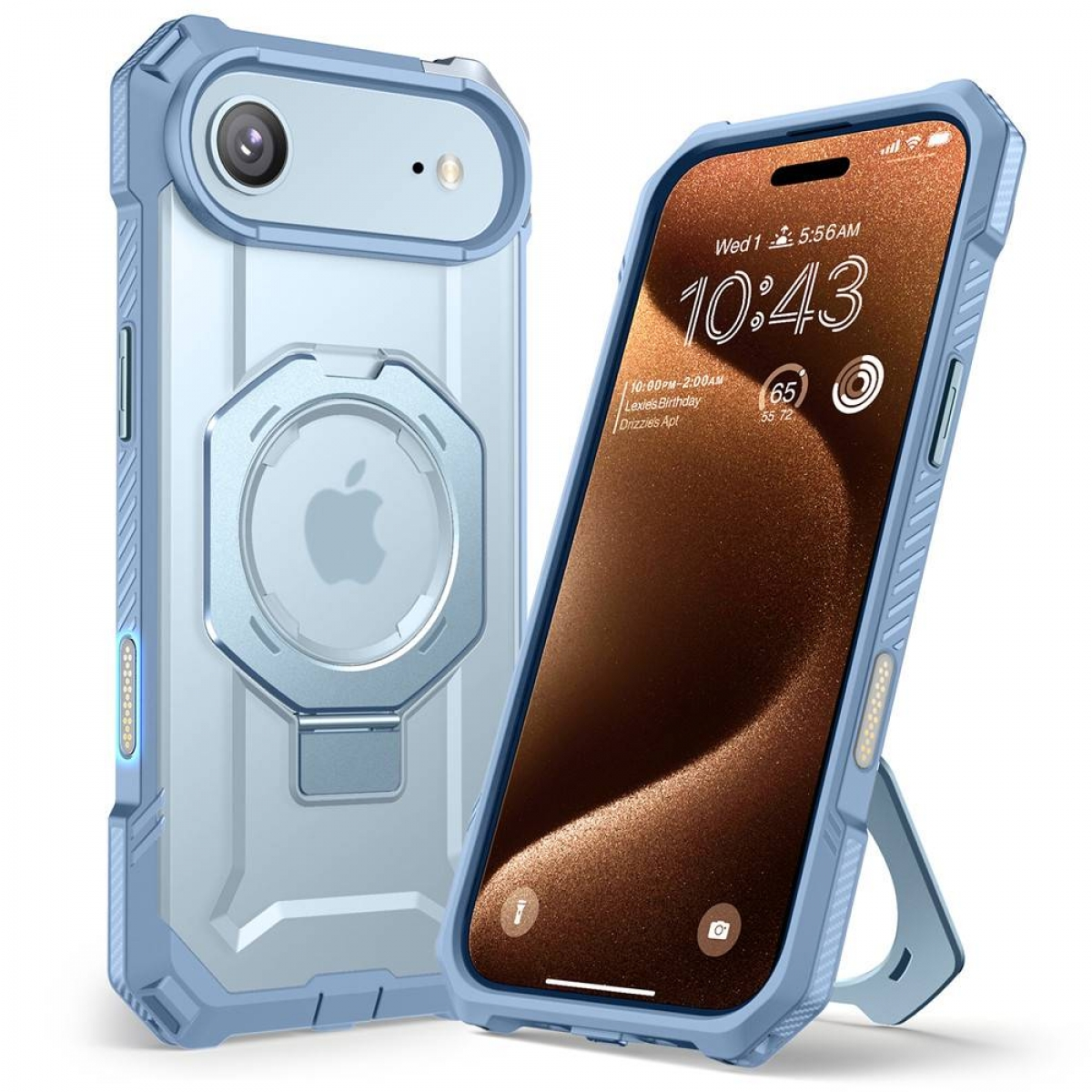 Due iPhone con custodie protettive blu. Uno è in posizione verticale, l'altro inclinato. Gli schermi mostrano l'ora e icone.
