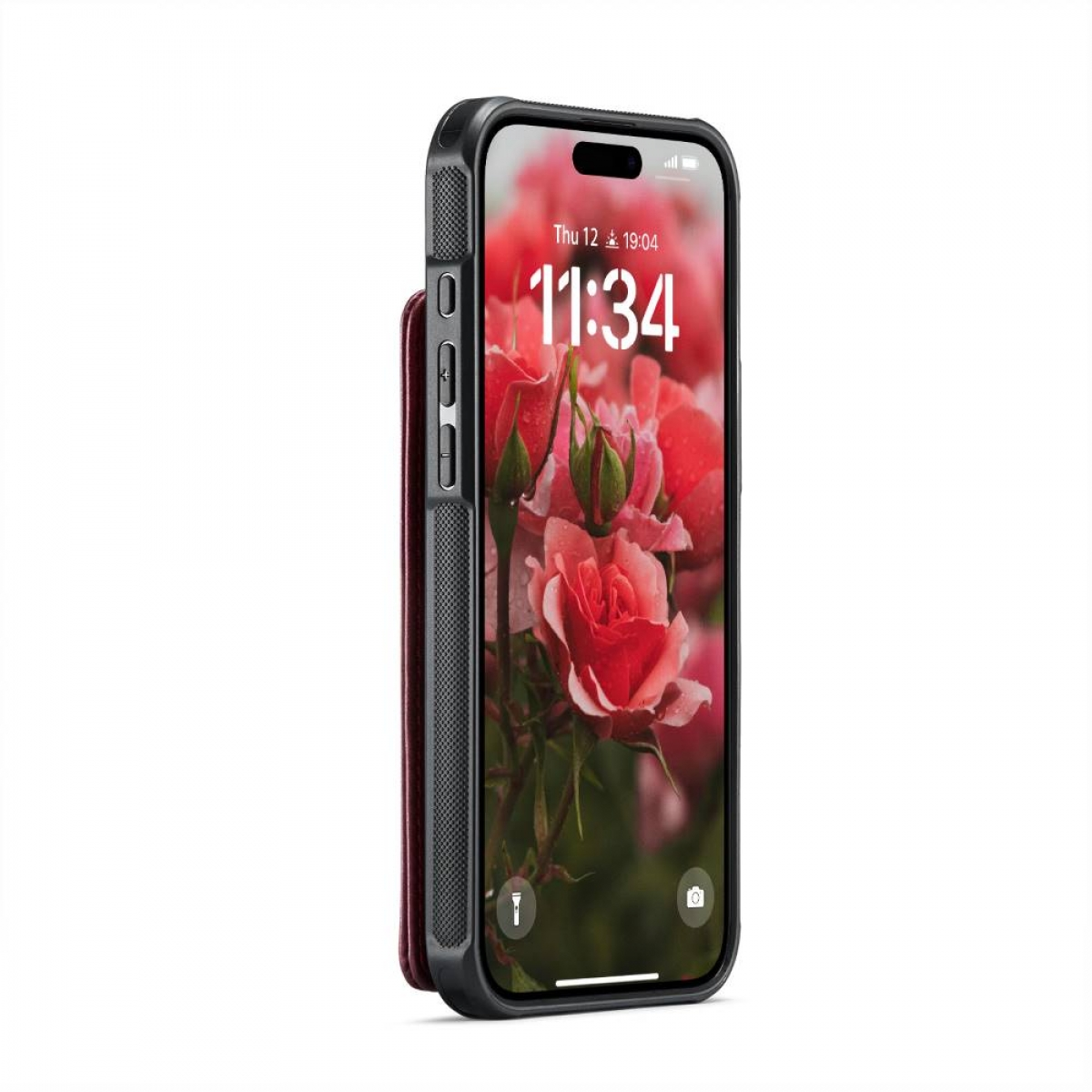 Ein Smartphone mit Blumentapete mit Rosen, die Uhrzeit ist 11:34. Das Telefon hat eine schwarze Hülle und eine bordeauxrote Abdeckung.