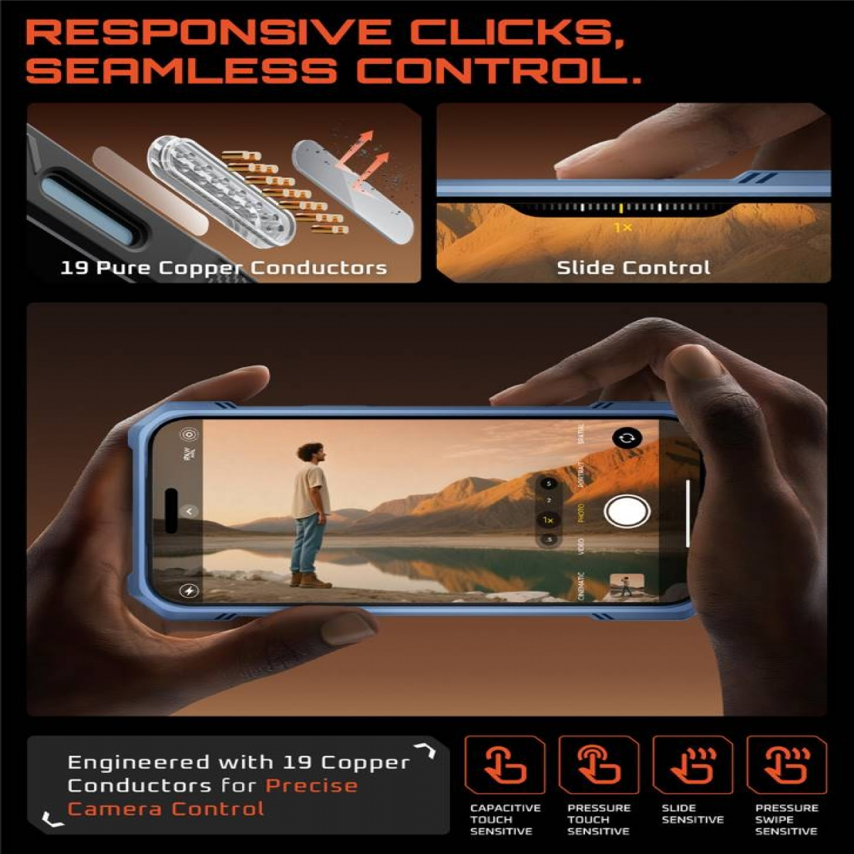 Una persona tiene in mano un telefono, mostrando una foto del paesaggio. La custodia del telefono è blu, con testo sui conduttori di rame e il controllo della fotocamera.