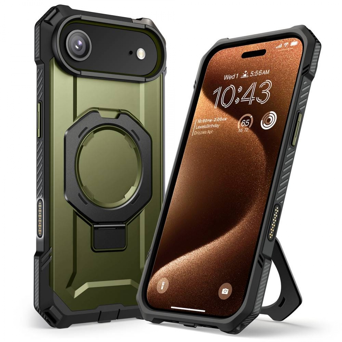 Due custodie per telefoni. Una verde oliva, l'altra nera con lo schermo che mostra l'ora. Entrambe hanno design protettivi.