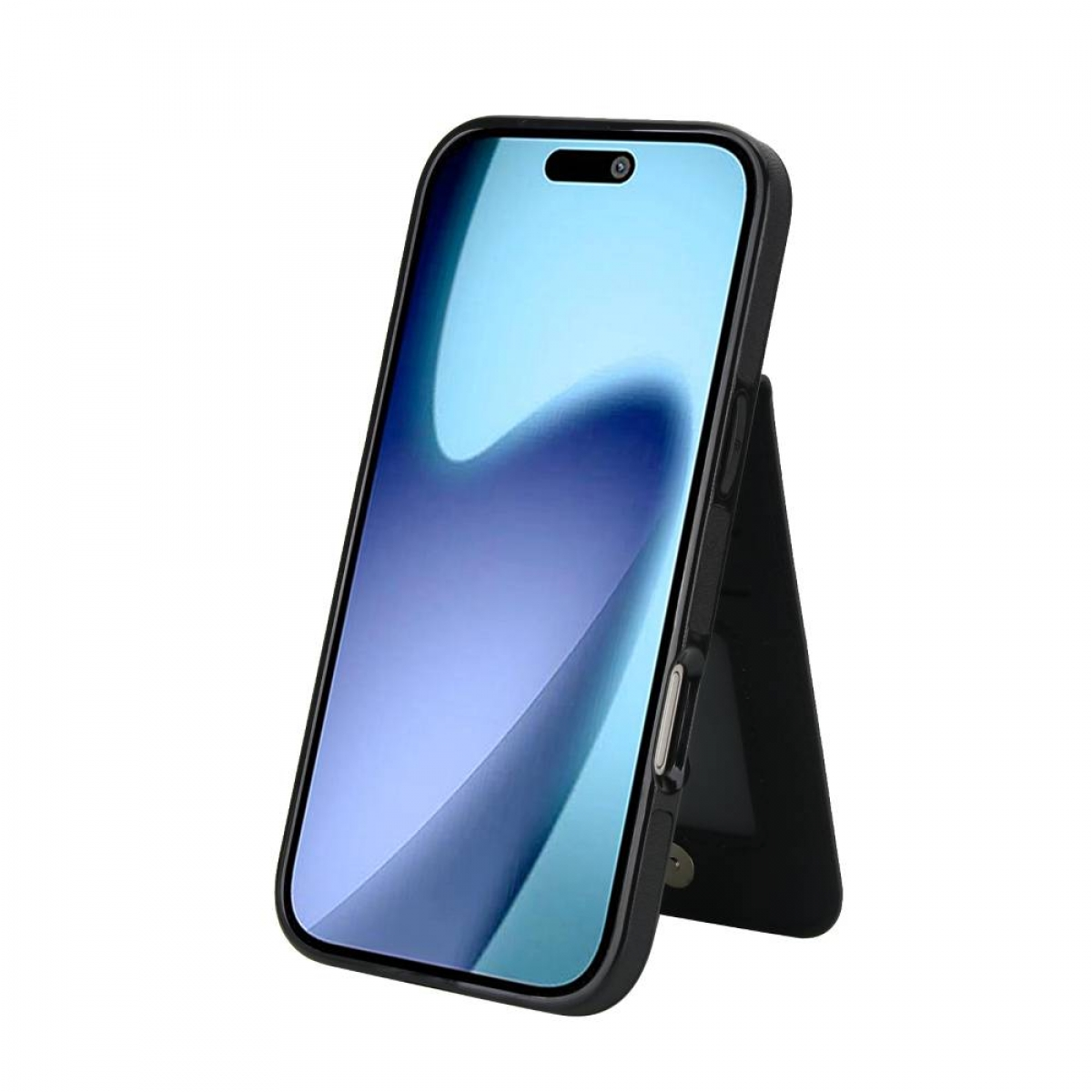 Ein schwarzes Smartphone in einer schwarzen Hülle, aufgestellt durch einen Ständer. Der Bildschirm zeigt ein blaues und weißes abstraktes Design. Der Hintergrund ist weiß.