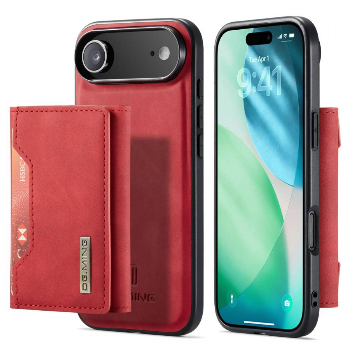 Rotes Handyhüllen- und Geldbörsen-Set. Das Telefon zeigt eine blau-weiße Grafik. Die Geldbörse hat Kreditkarte und DG.MING-Marke.