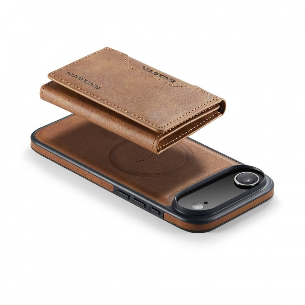 Eine braune Leder-Handyhülle mit Geldbörsenaufsatz, über einem Telefon mit Kamera. Die Marke ist Masking.
