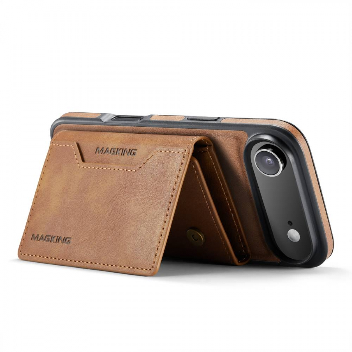 Braune Leder-Handyhülle mit Magking-Logo und Geldbörsenfunktion. Das Telefon hat eine schwarze Kamera und einen weißen Knopf.